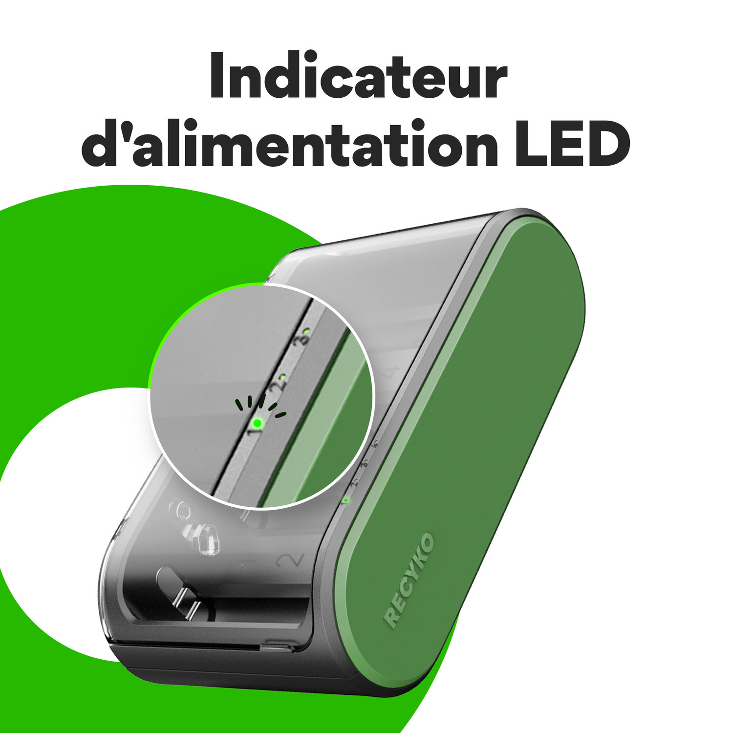 Un chargeur avec une section verte et un gros plan de l'indicateur LED.