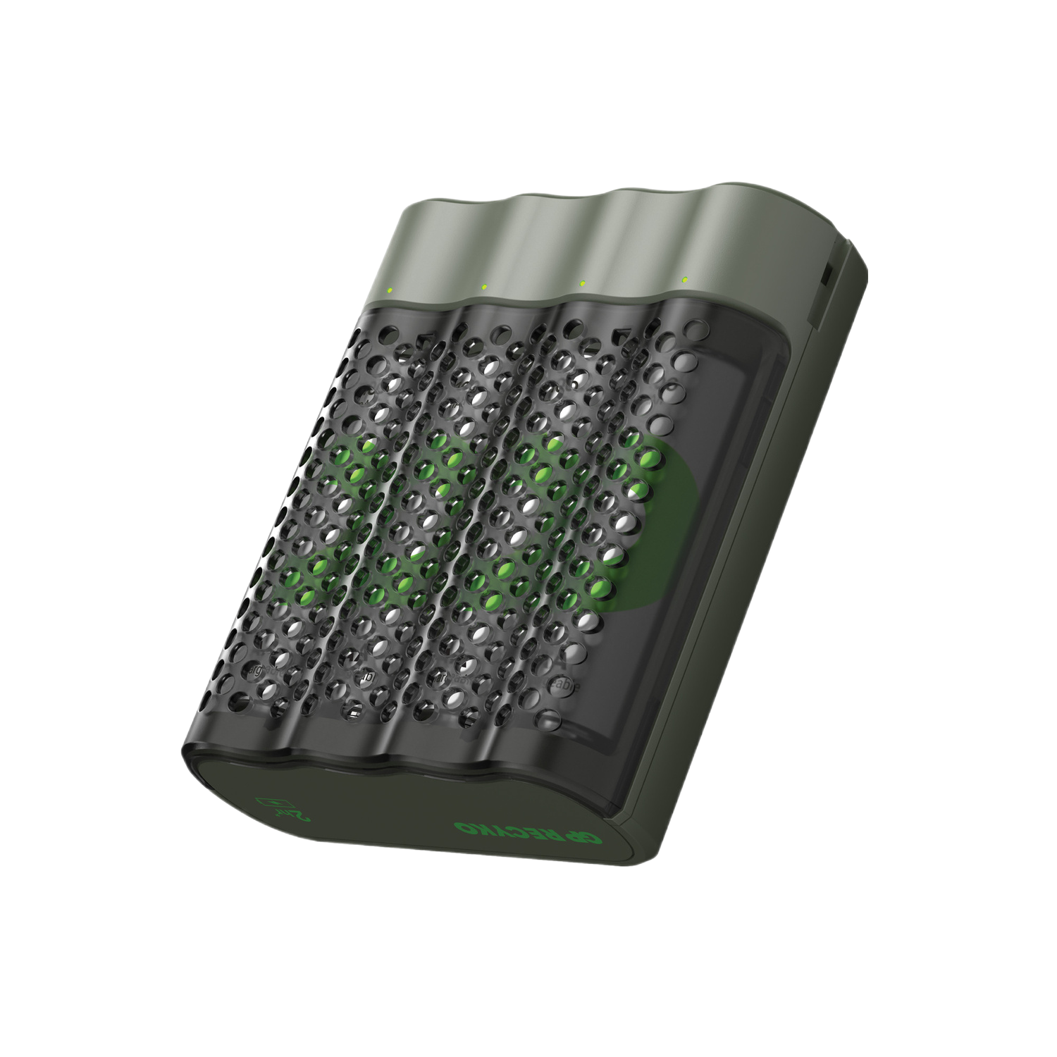 Een batterijoplader, donkergroen met een zwart interieur. De oplader heeft meerdere oplaadslots.