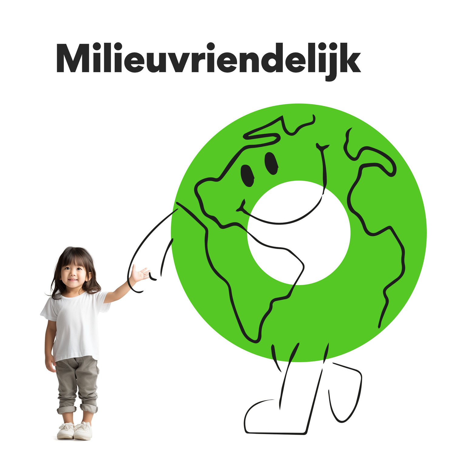 Een kind wijst naar een groene aardfiguur in een grafiek met het woord 'Milieuvriendelijk'.