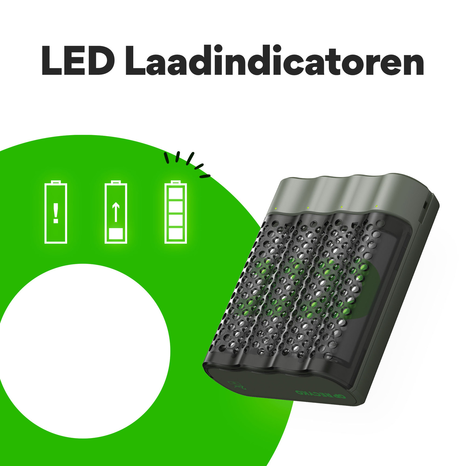 Een oplaadapparaat met indicatielampjes die batterijniveaus tonen, en een batterij-omtrek.