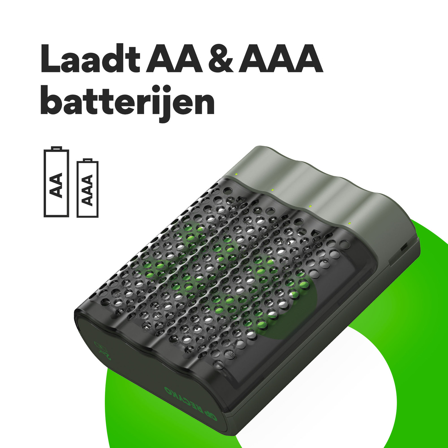 Zwart-grijze AA/AAA-batterijoplader met oplaadgleuven en batterij-iconen.