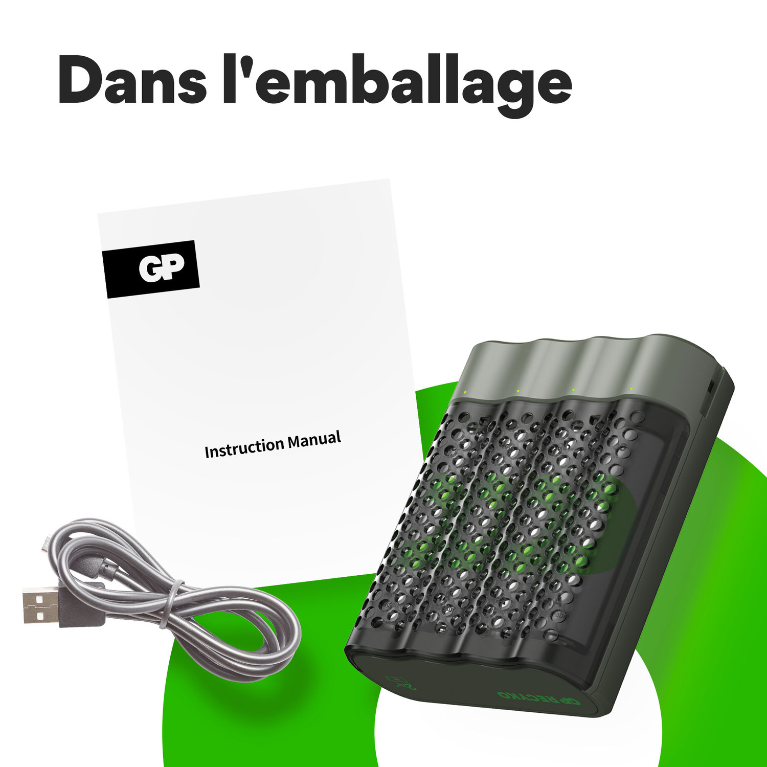 Emballage avec manuel d'instructions et étui de chargement avec piles.