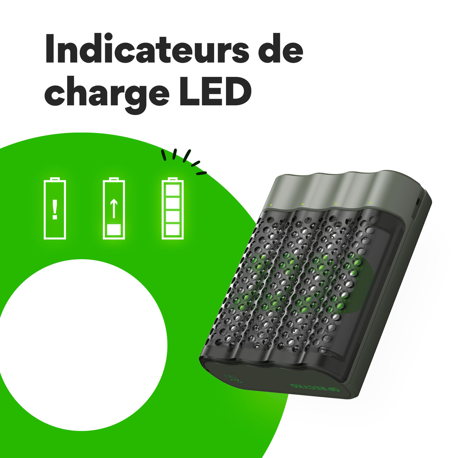 Chargeur noir avec indicateurs de charge LED. Le chargeur affiche trois icônes de batterie.