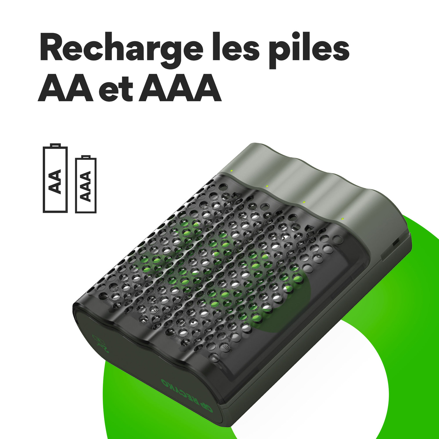 Un chargeur de batterie noir et gris avec des silhouettes de piles AA et AAA.