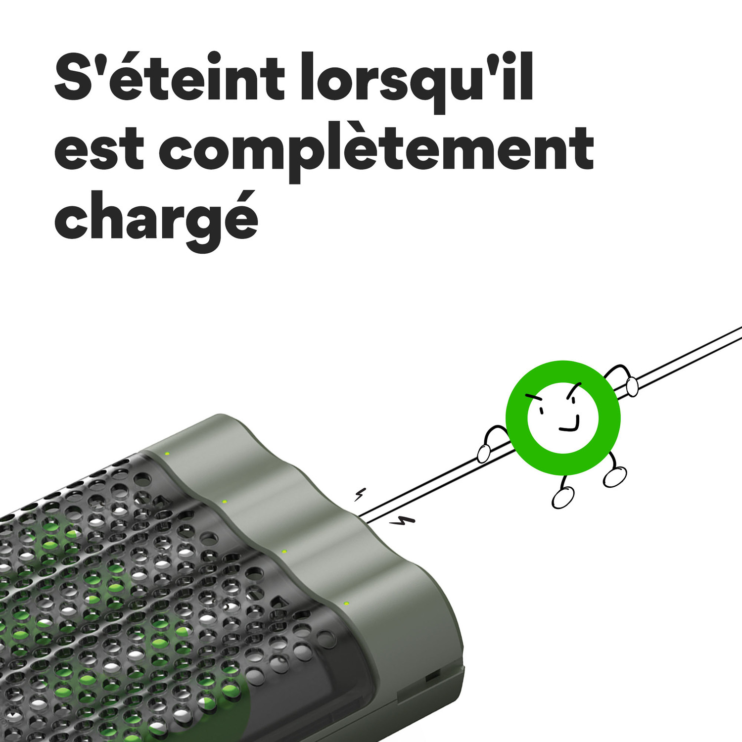 Batterie et câble de charge, personne verte tenant le câble, fond blanc.