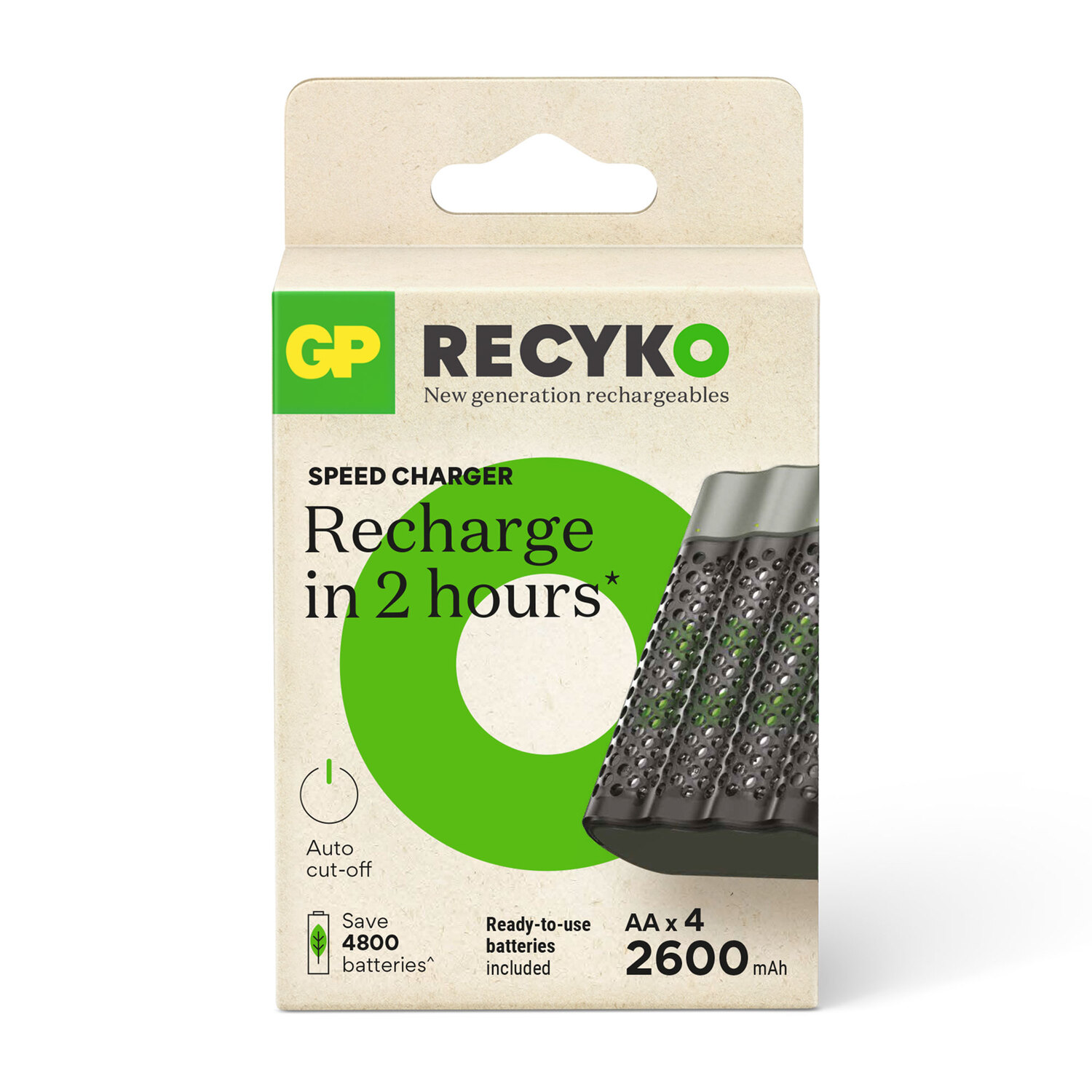 Batterijdoos. Tekst zegt 'Opladen in 2 uur' en 'AA x 4 2600mAh'. Het is een GP Recyko-oplader.