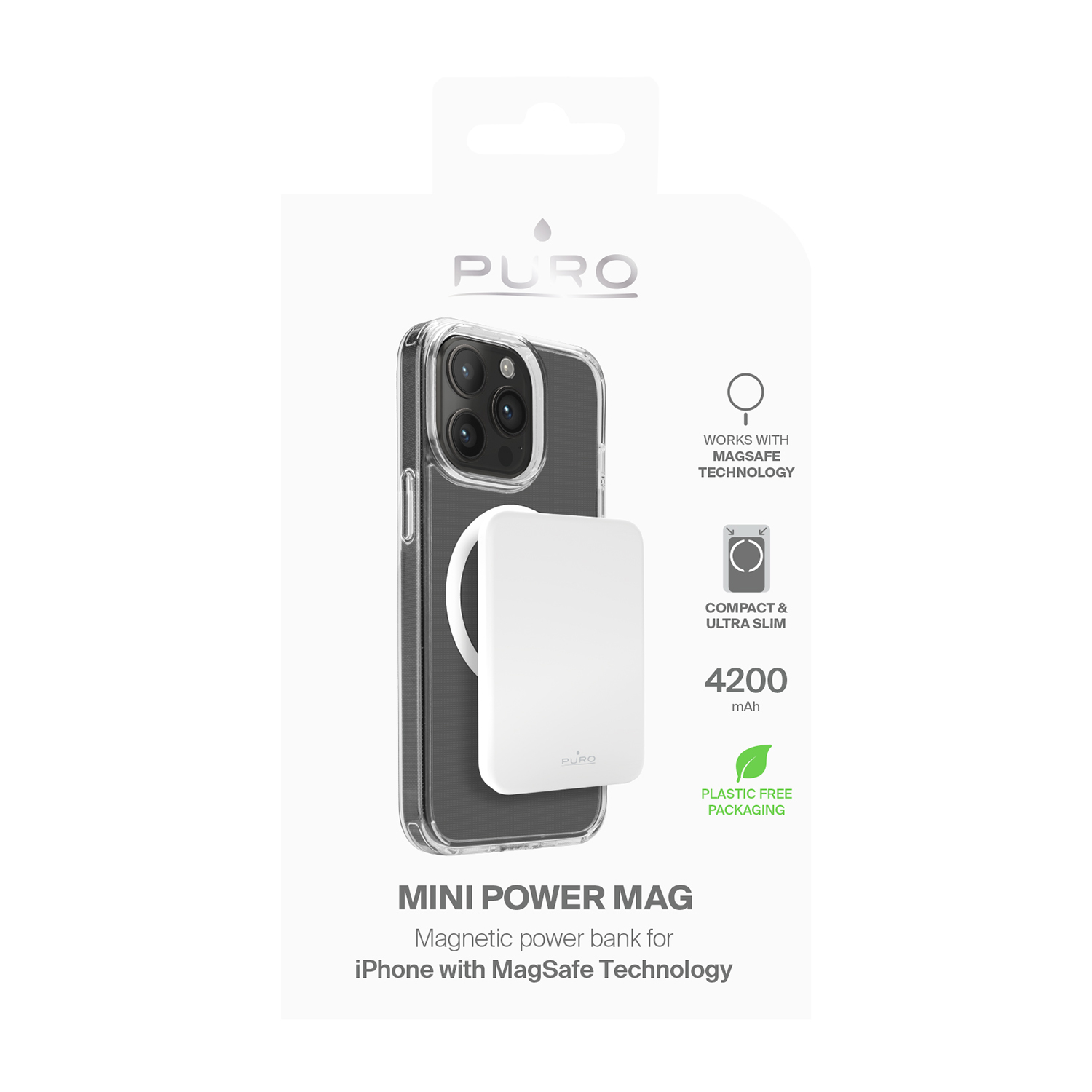 Una custodia per telefono bianca e trasparente con un power bank magnetico bianco in una confezione.