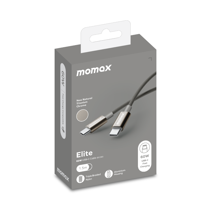 USB-C kablolu gri kutu. Metin: '60W USB-C Kablo', 'Üçlü Örgülü Naylon', 'Momax' logosu.