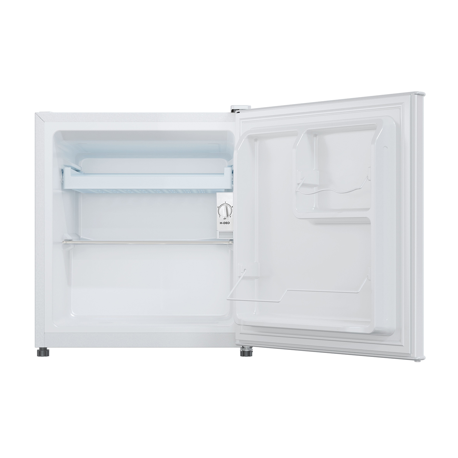 Mini-frigorifero bianco, aperto, con ripiani e quadrante del termostato visibile.