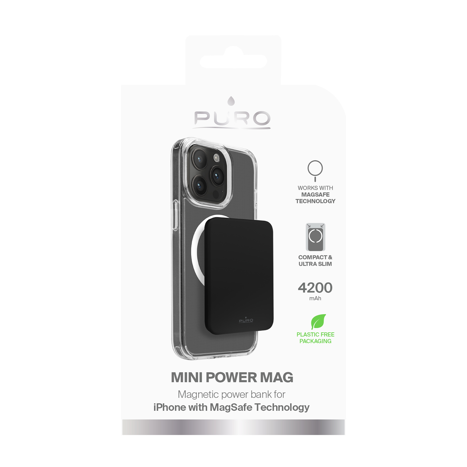 Confezione bianca con custodia per telefono e power bank magnetico. Testo: Mini Power Mag. Sfondo nero.