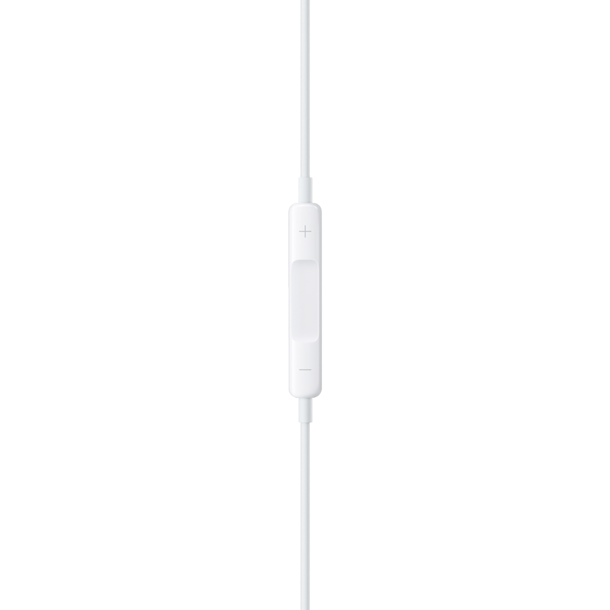 Módulo de control de auriculares blanco con un botón más y menos sobre un fondo blanco.