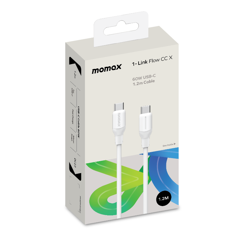 Momax kutusunda beyaz USB-C kablosu, metin ve beyaz arka plan.