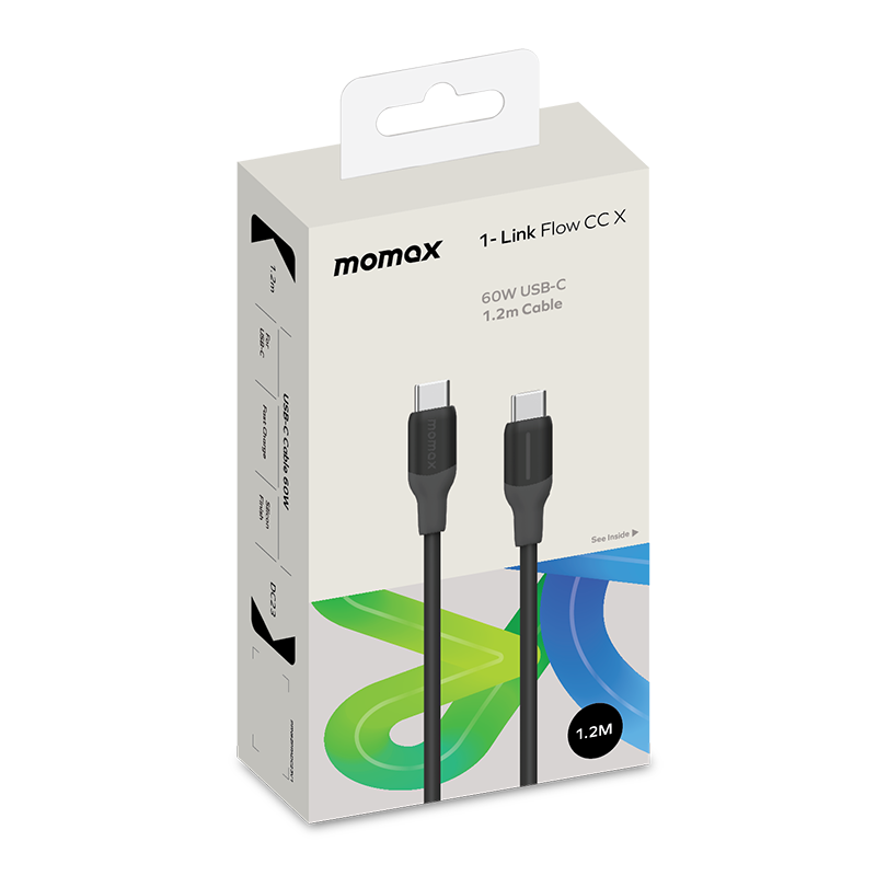Momax USB-C kablo kutusu, beyaz ve siyah, içinde kablo ve ürün bilgileriyle.