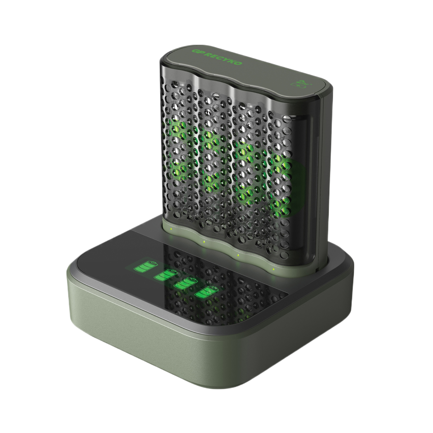 Chargeur de batterie vert et noir avec batteries et indicateurs de charge sur la base.