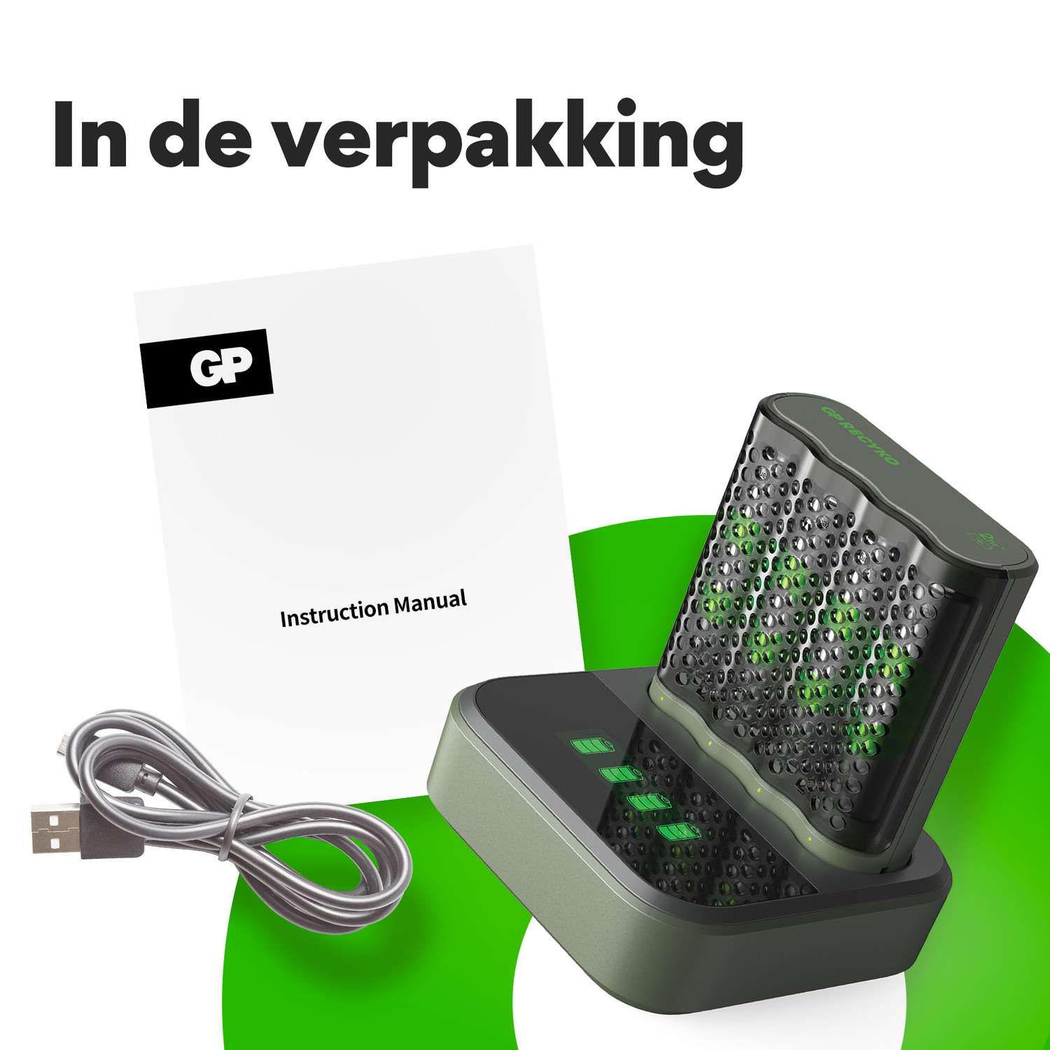 Een oplaadstation met een batterij, handleiding en een USB-kabel.