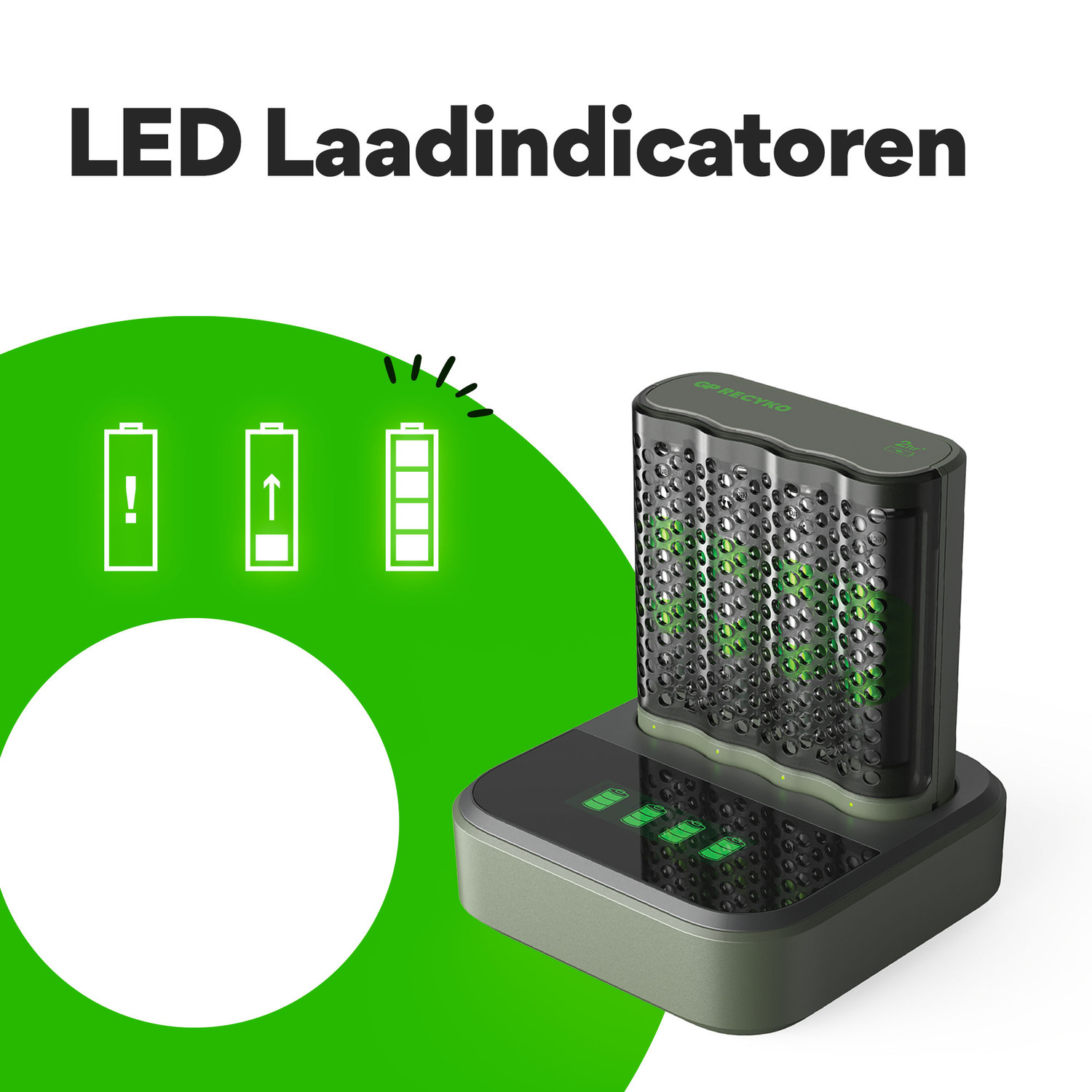 Een oplaadstation met batterijen en batterij-indicatorpictogrammen. Wit en groen kleurenschema.