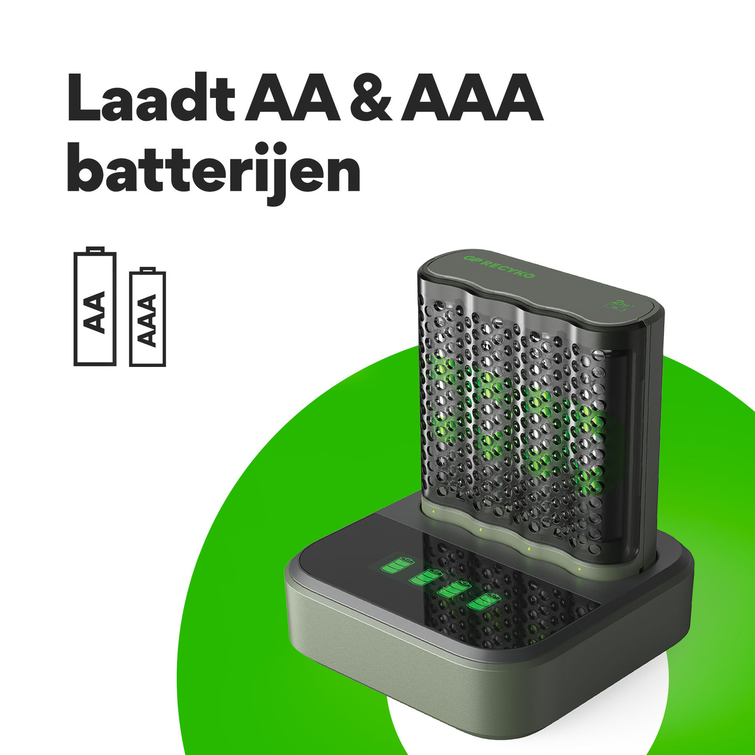 Batterijoplader met AA- en AAA-batterijen, plus tekst.