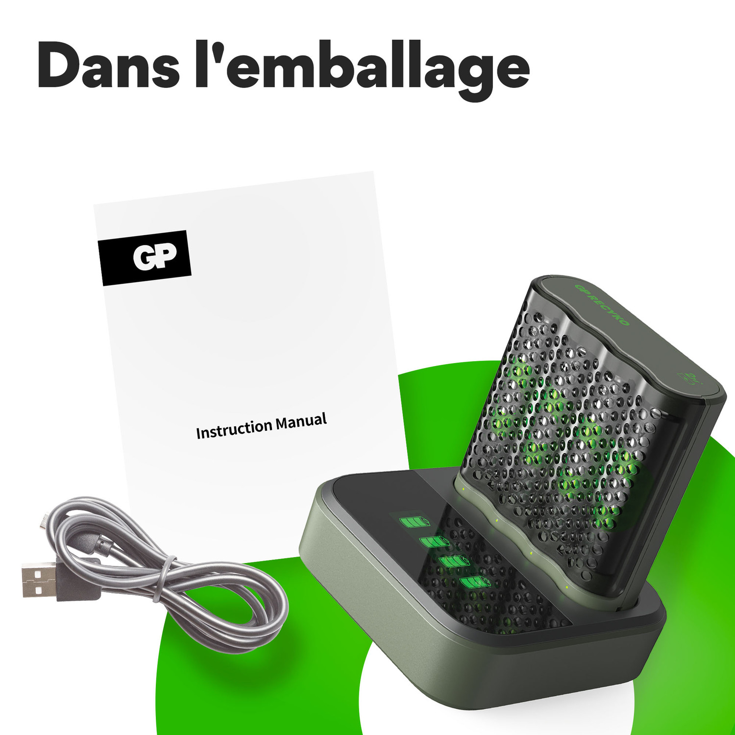 Une station de charge avec une batterie et un manuel, le tout sur un fond vert et blanc.