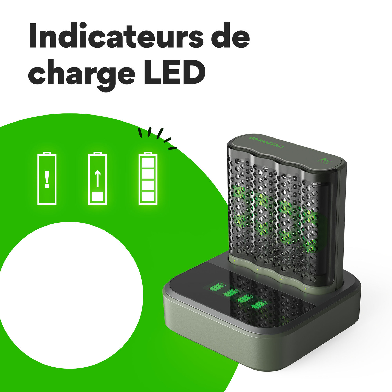 Chargeur avec batteries et indicateurs LED. Les batteries affichent les niveaux de charge. Le texte indique 'indicateurs de charge LED'.