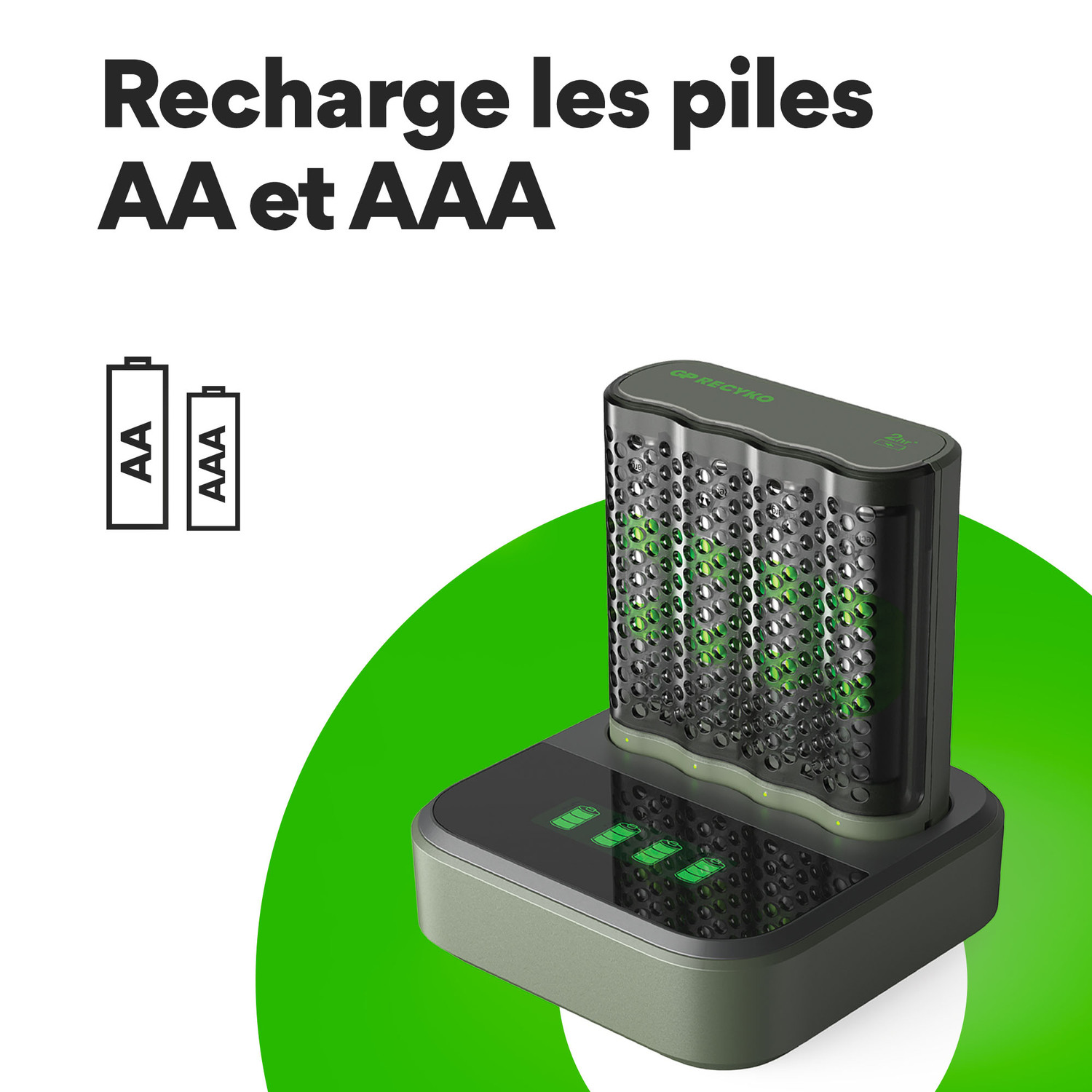 Chargeur avec graphique piles AA et AAA, accent vert.