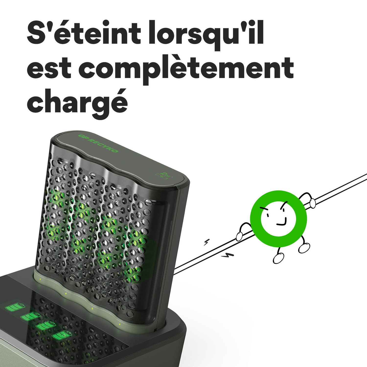 Un appareil de chargement avec un bloc-batterie éclairé en vert. Un personnage de dessin animé touche une ligne.