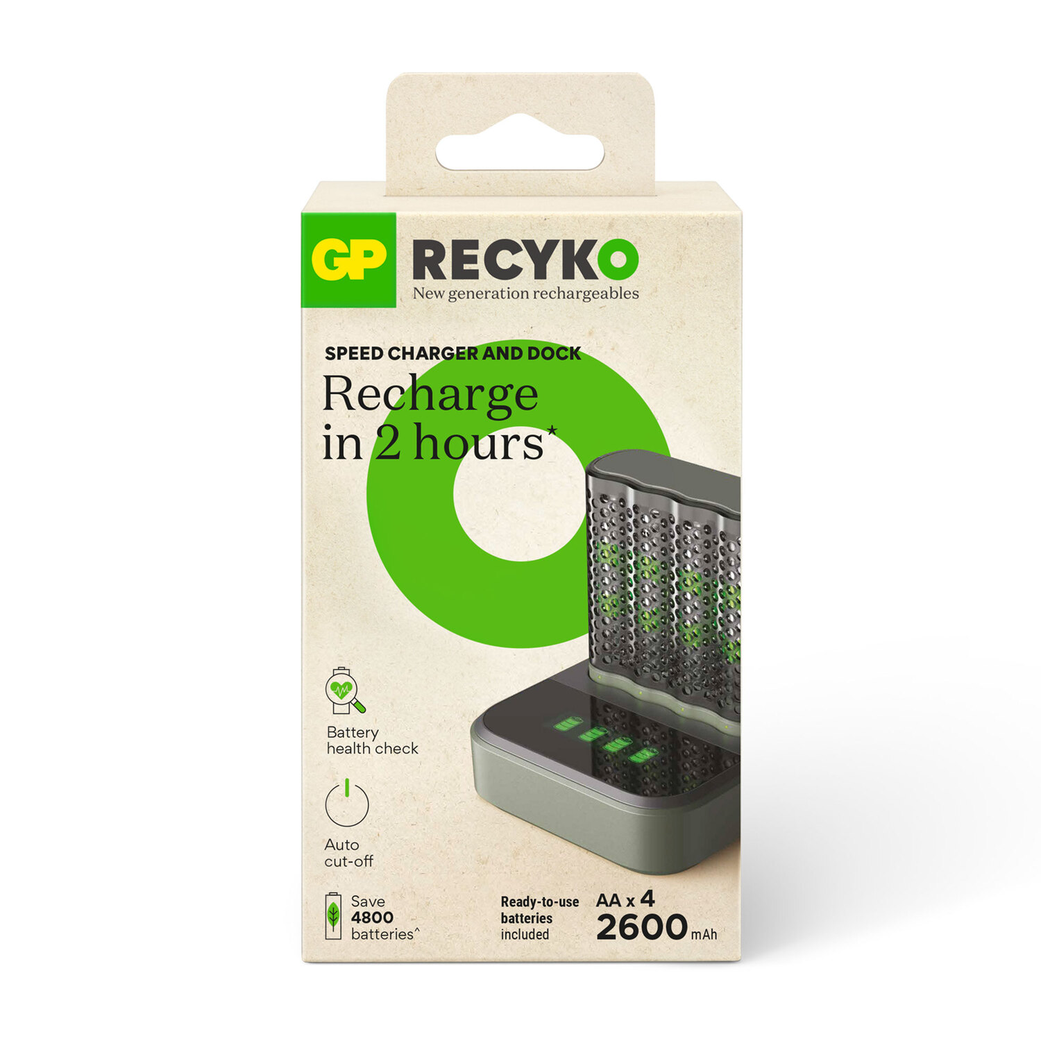 Chargeur et station d'accueil de batterie avec piles, texte : Recharge en 2 heures.