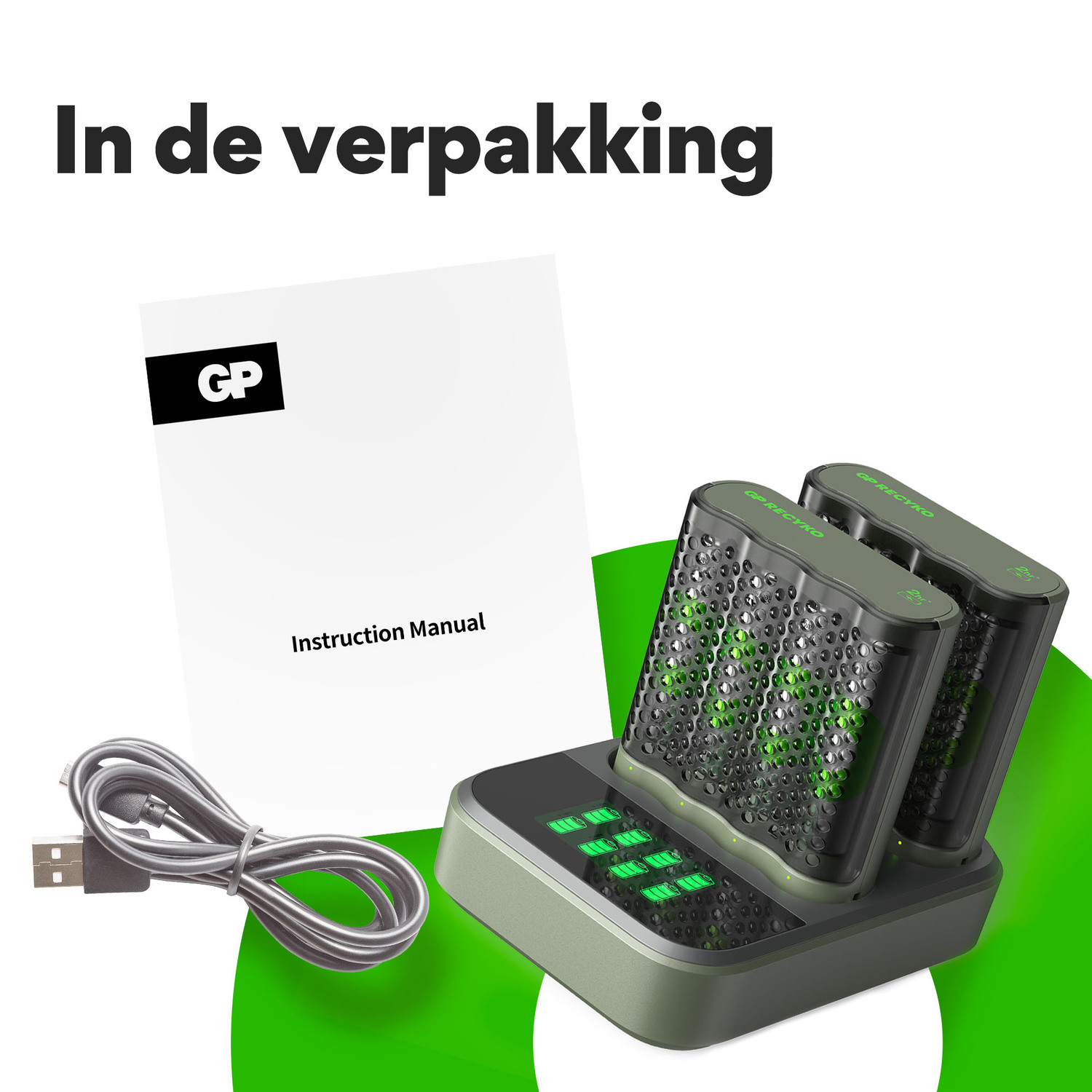 Contents of a package: Instruction manual, charger base, batteries, and USB cable.