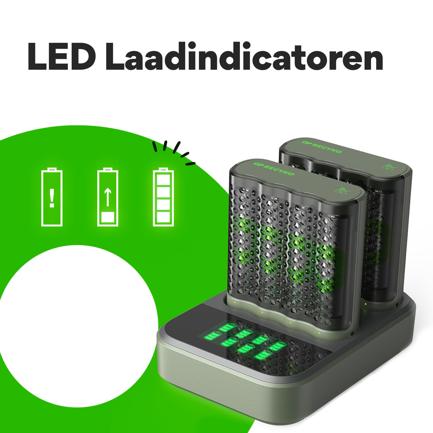 Green charging station with two battery packs and charging indicators.