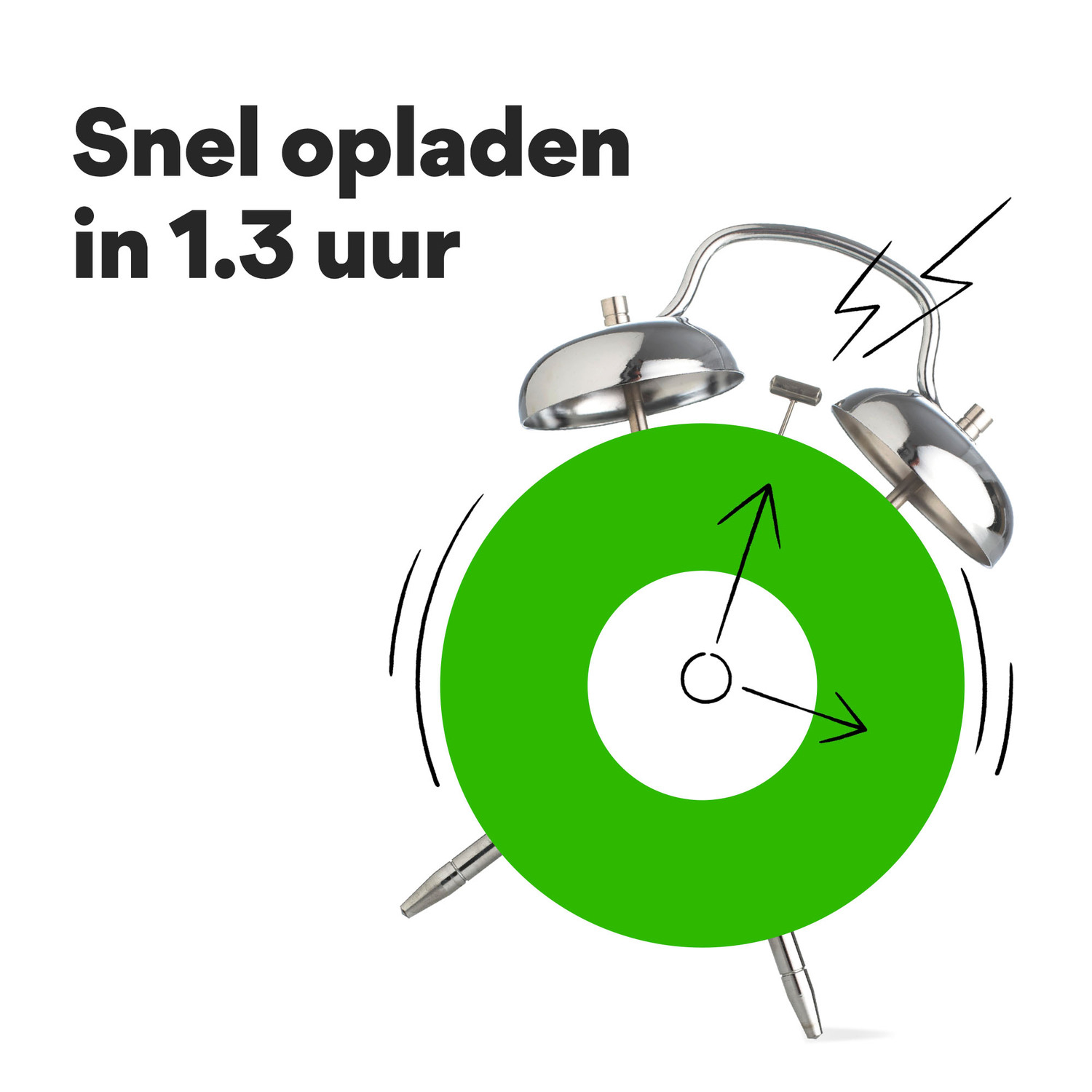 An alarm clock with a green dial, black hands, and text about fast charging.