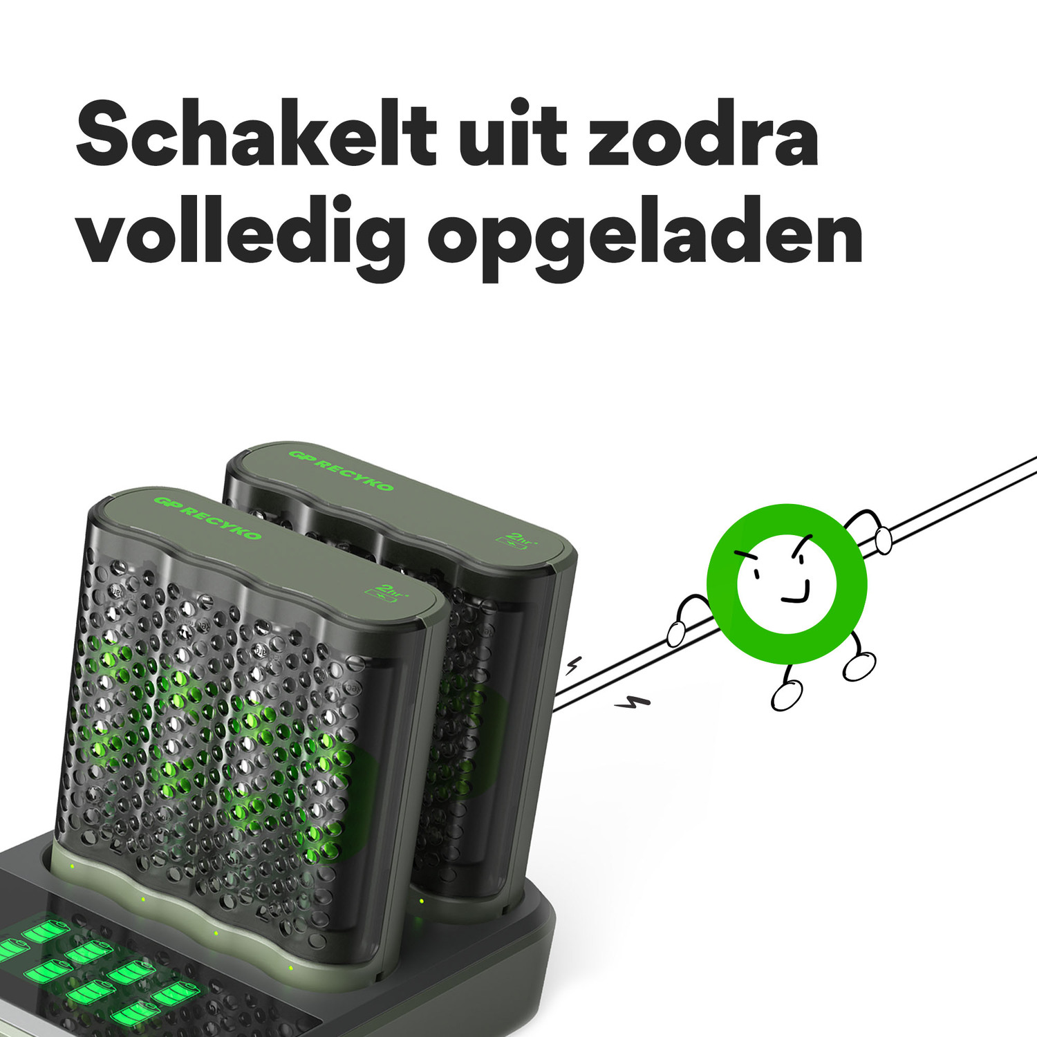 Two battery chargers and batteries with text saying 'Turns off when fully charged'.