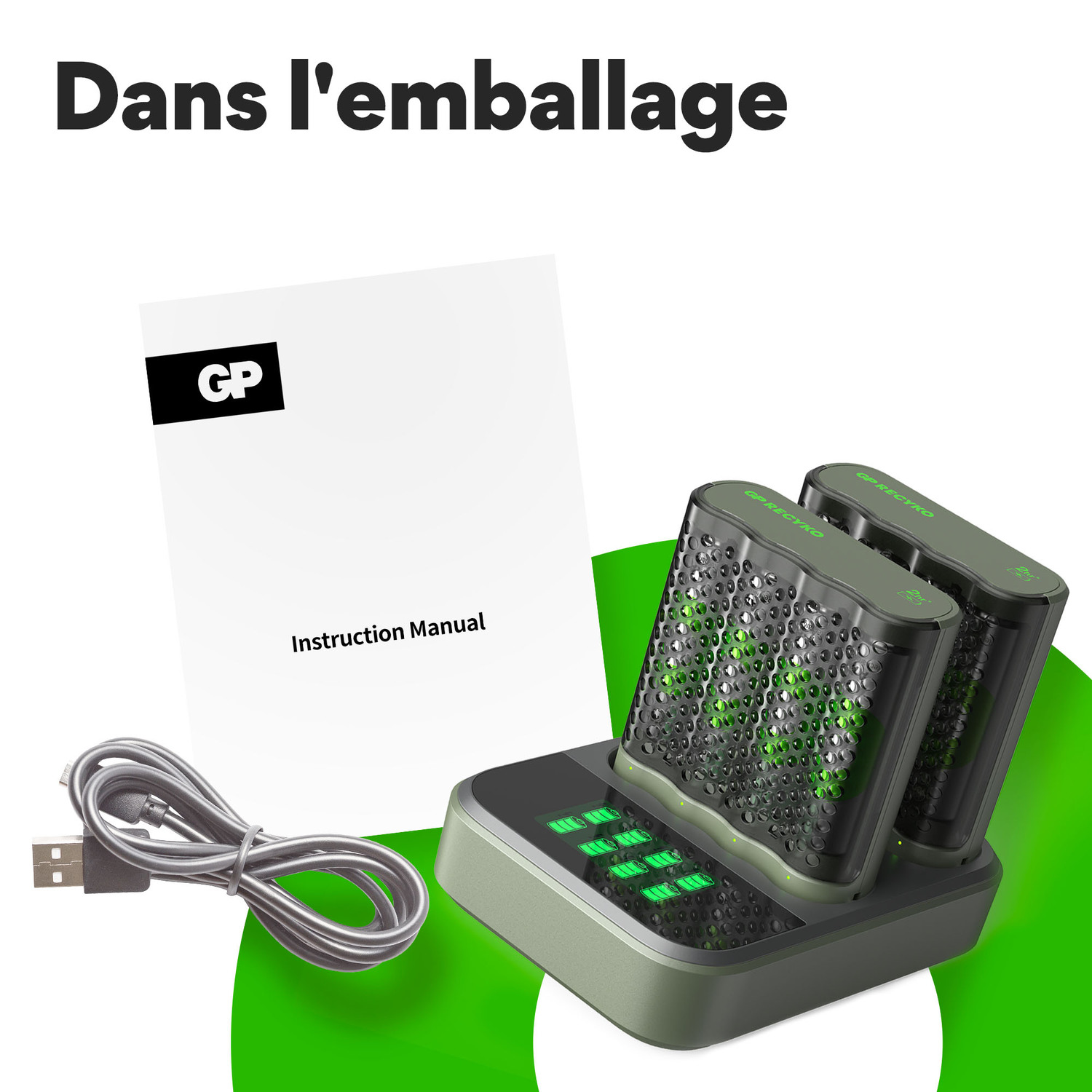 Un chargeur avec deux emplacements pour batteries et un manuel d'instructions blanc. Un câble USB est également inclus.