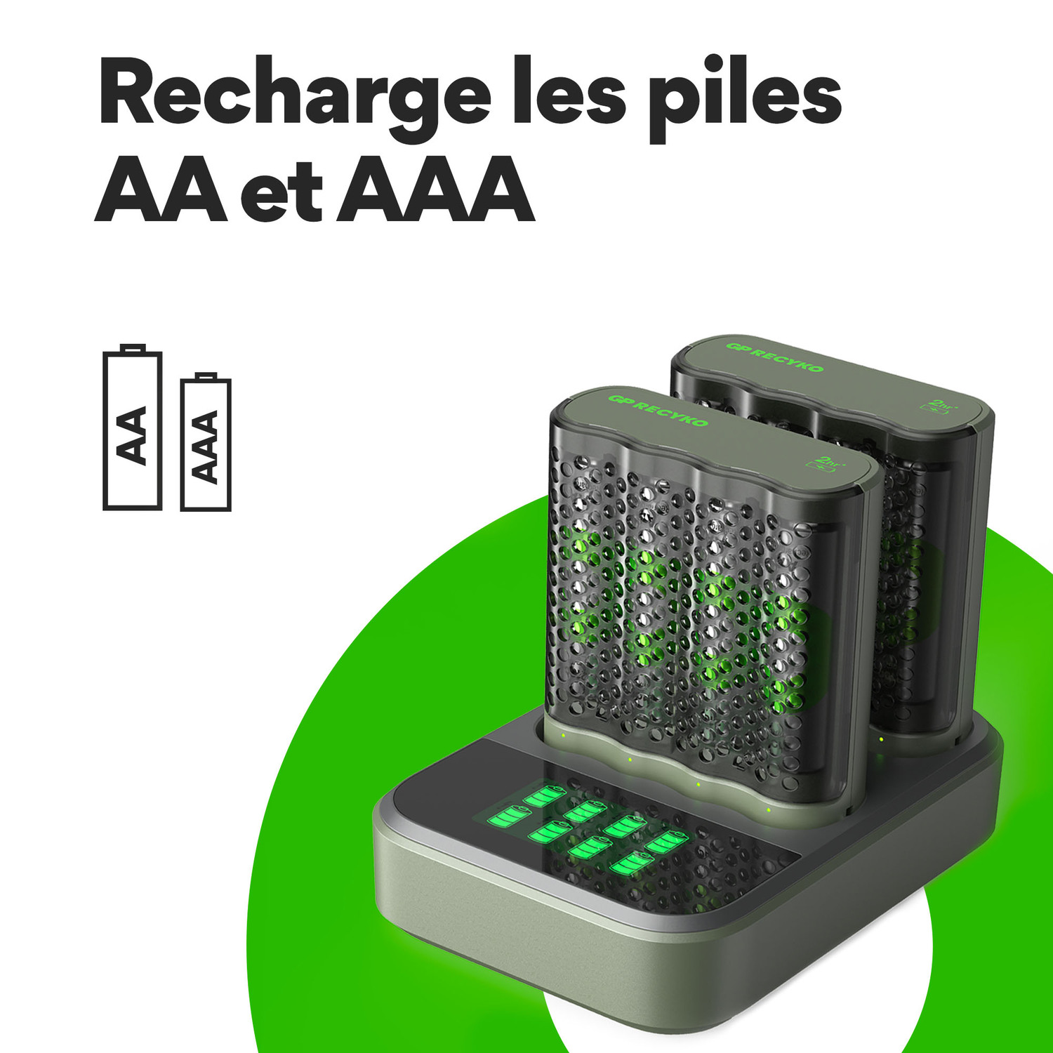 Chargeur de batterie avec deux batteries et texte AA et AAA.