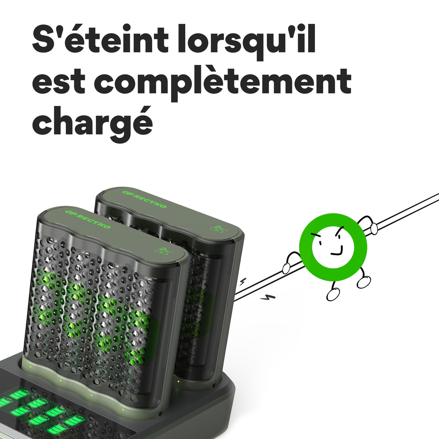 Station de charge avec deux batteries. Une figure de la Terre de dessin animé pointe vers la station.