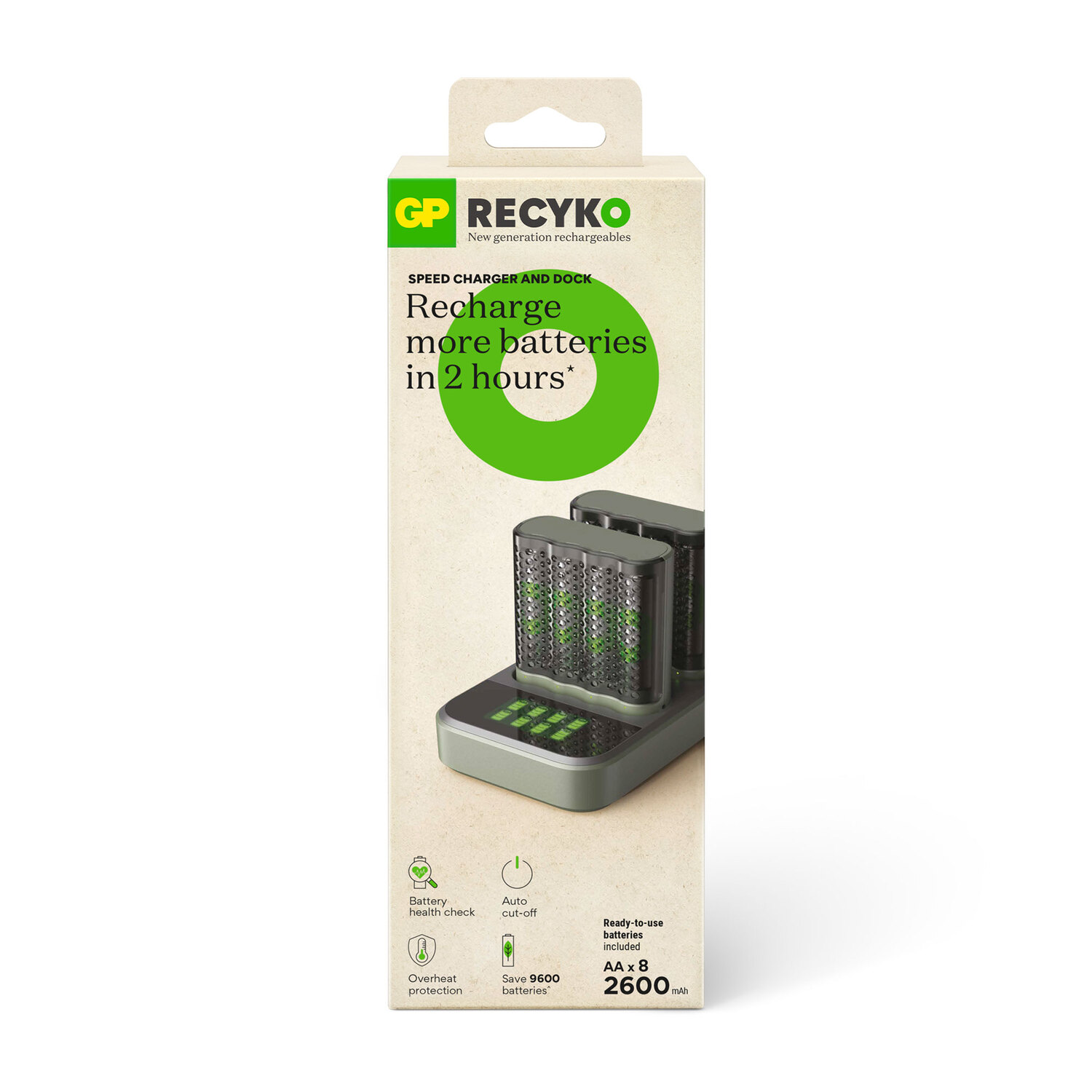 Package shows a charger for batteries with green accents, text, and symbols.