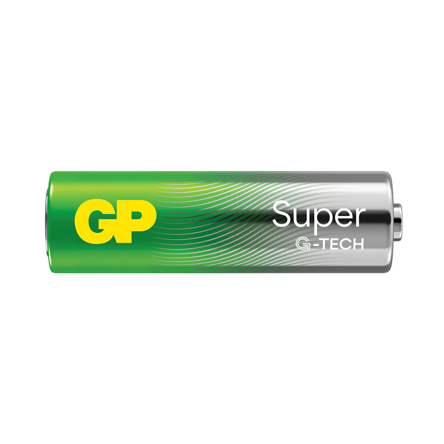 Une pile AAA verte et argentée avec un fond blanc et du texte en jaune.