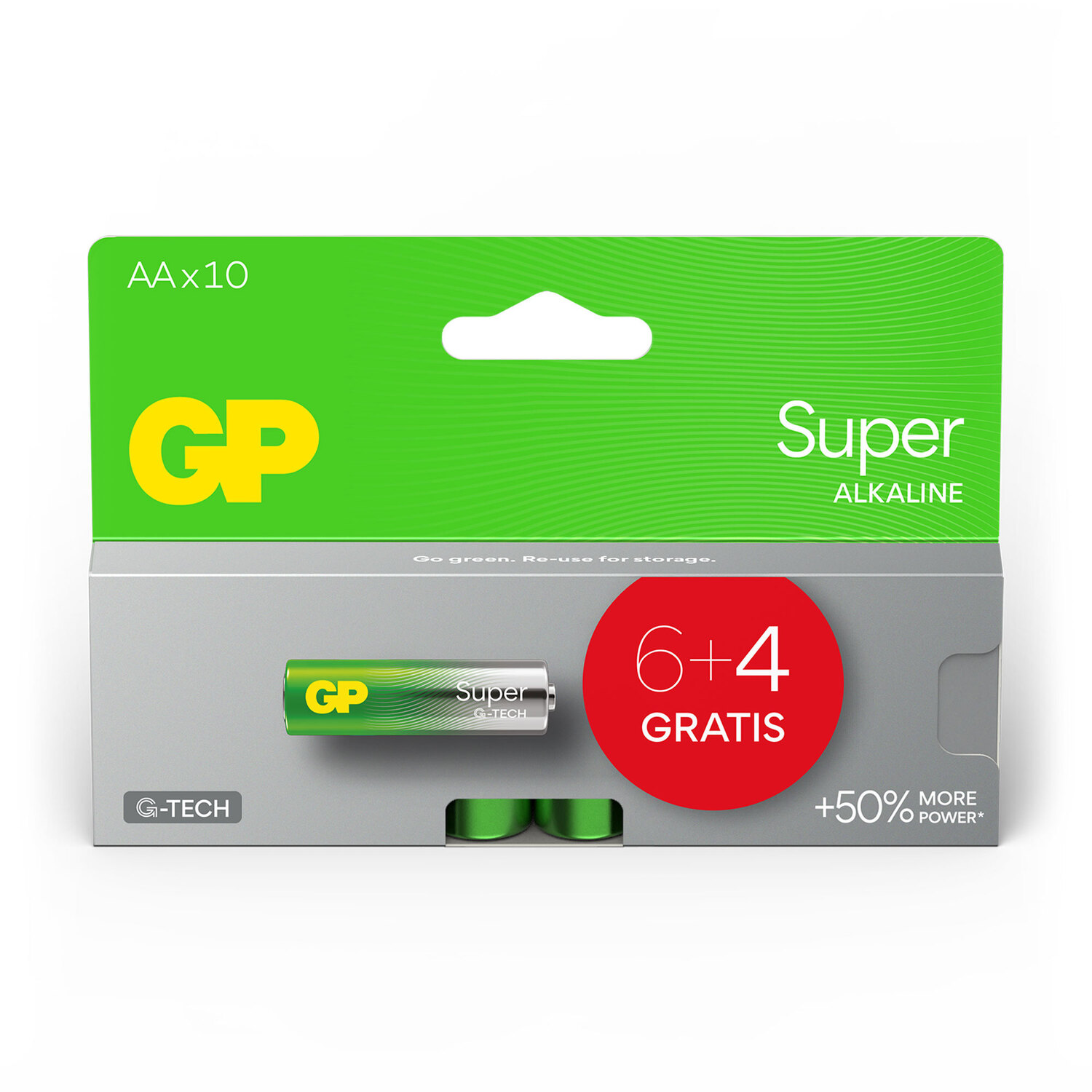 Un paquet vert et gris de piles AA GP Super Alkaline, avec des piles supplémentaires.