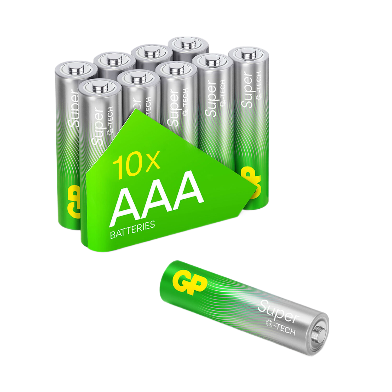 Tien AAA-batterijen in een groene verpakking. Eén batterij wordt apart getoond.