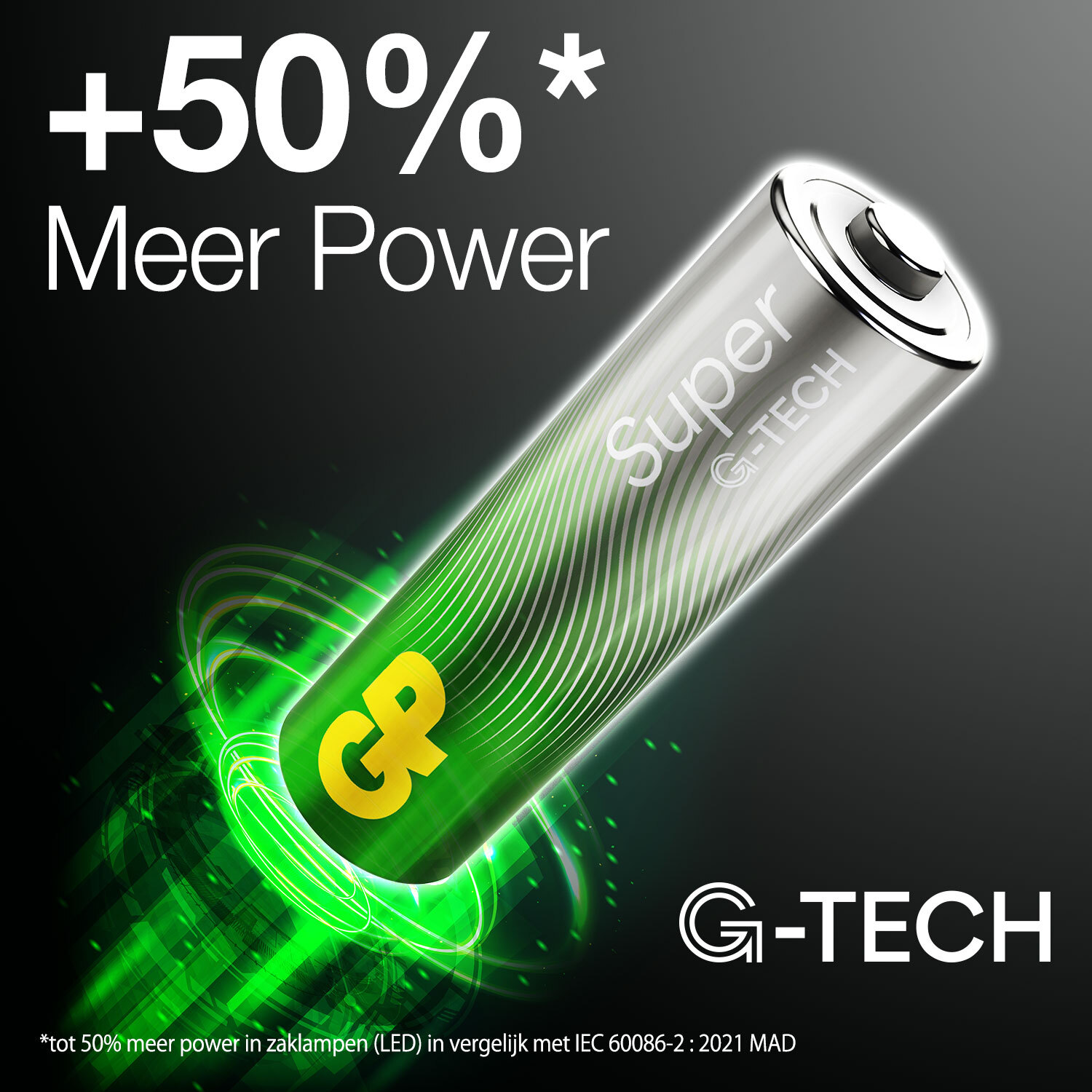 Groene GP G-TECH batterij met een gloeiend effect. Tekst: +50% meer vermogen.