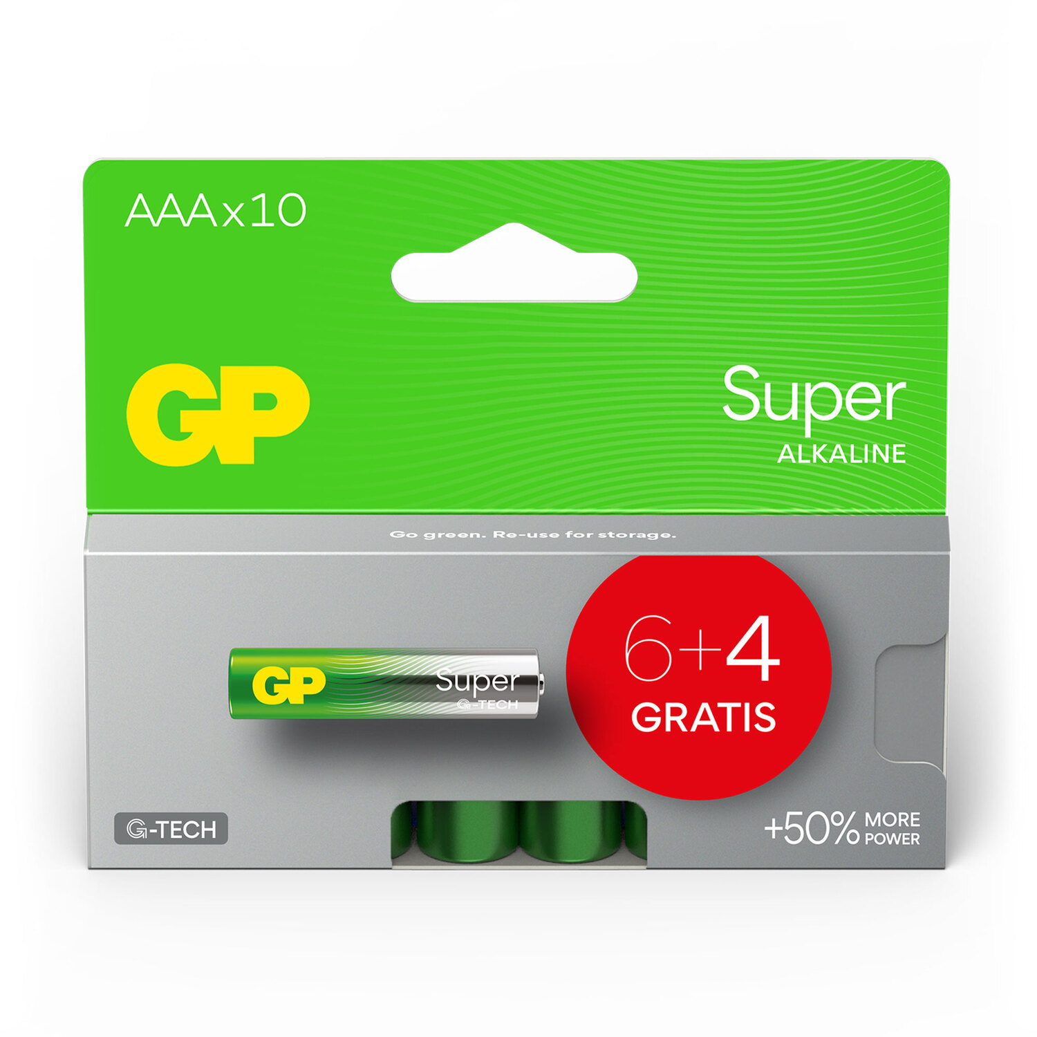 Groene en witte AAA-batterijen in een verpakking. De verpakking heeft een groen-wit ontwerp.