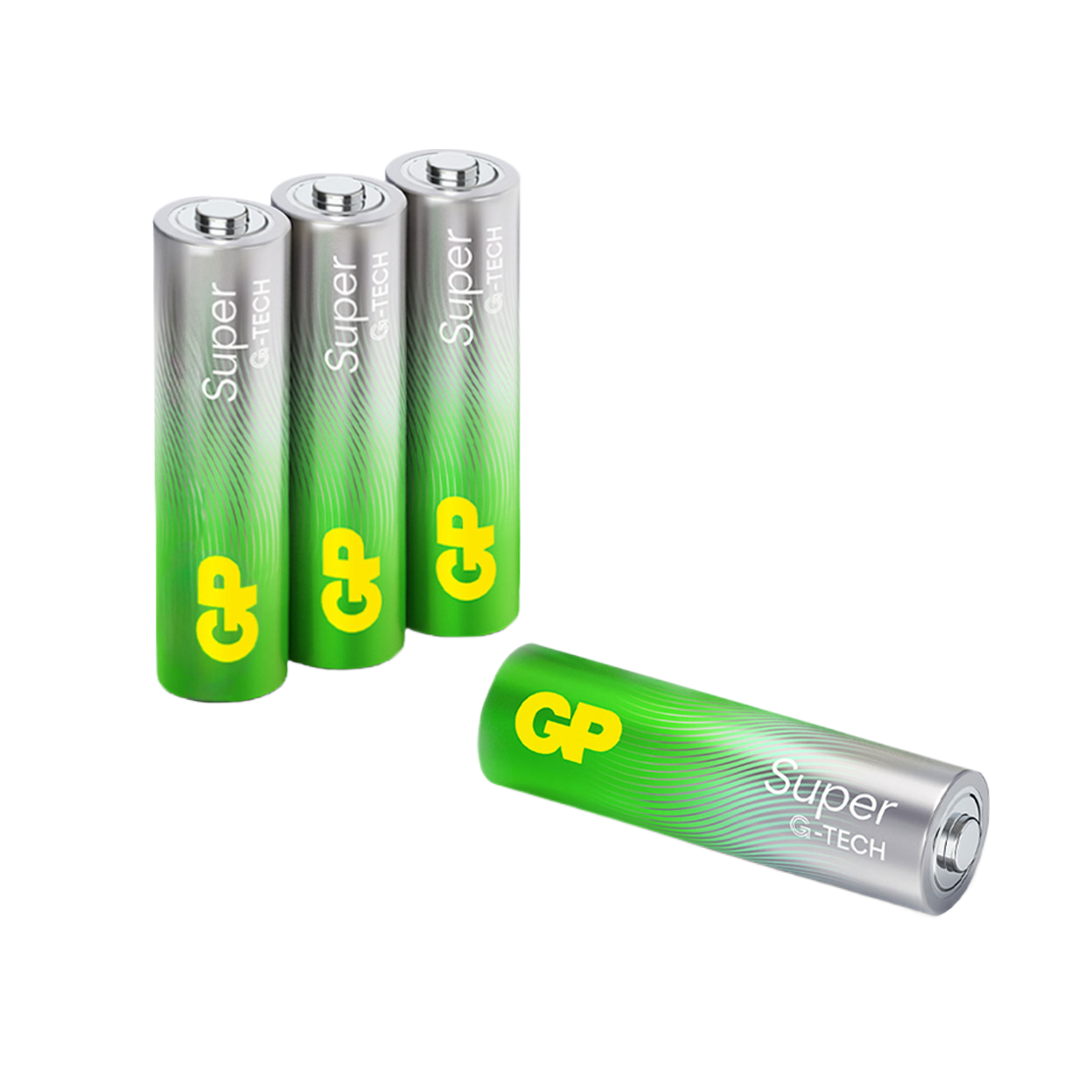 Quatre piles GP-Tech Super. Trois sont debout et une est sur le côté.