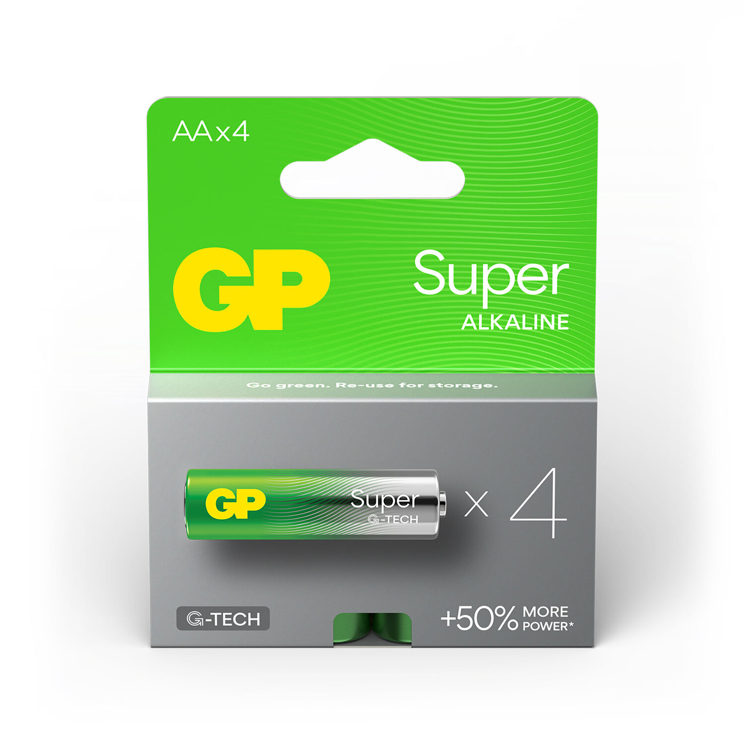 Un paquet de piles GP Super Alkaline, vertes et grises, avec les piles visibles.