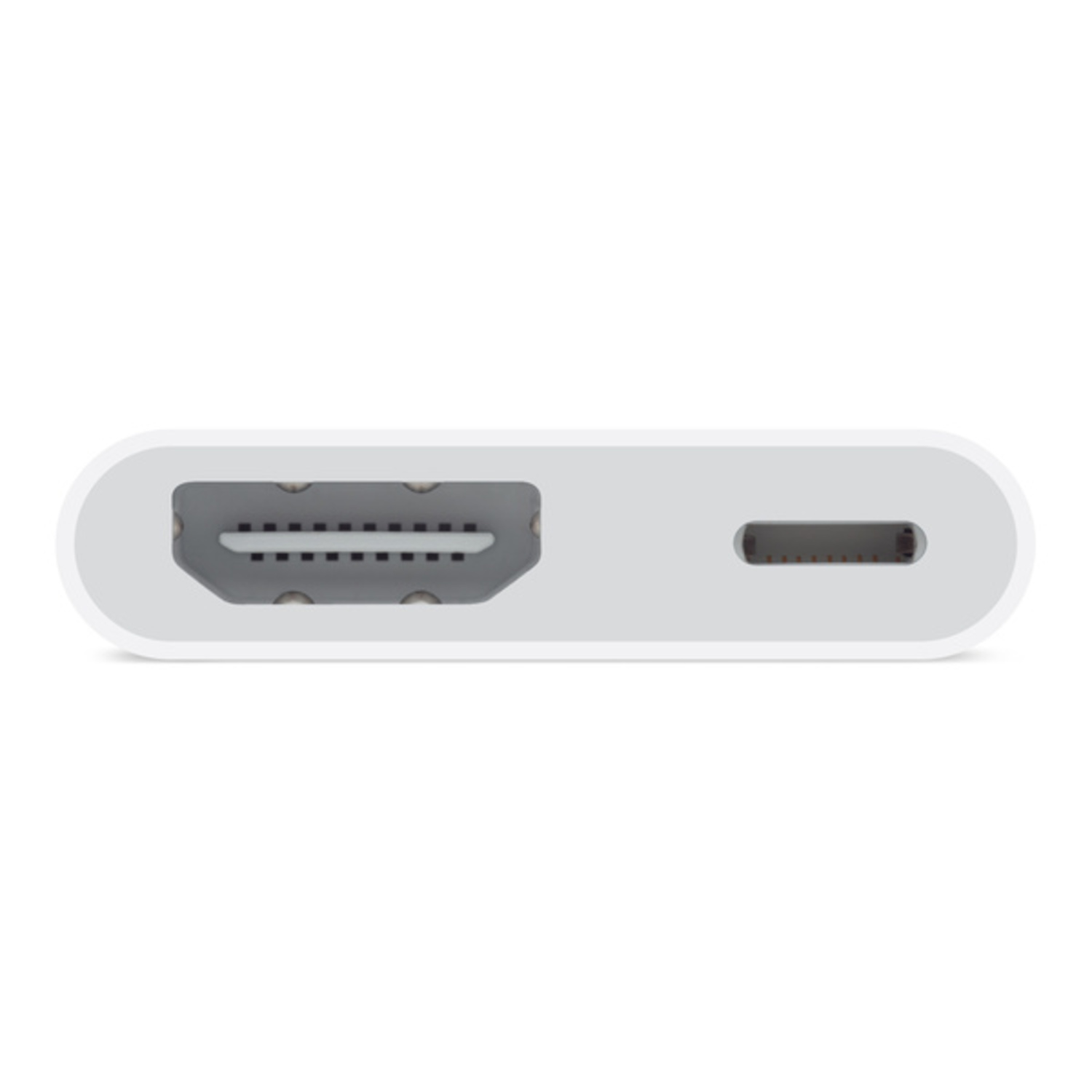 A white HDMI adapter with an HDMI port and a USB-C port side by side on a white background.