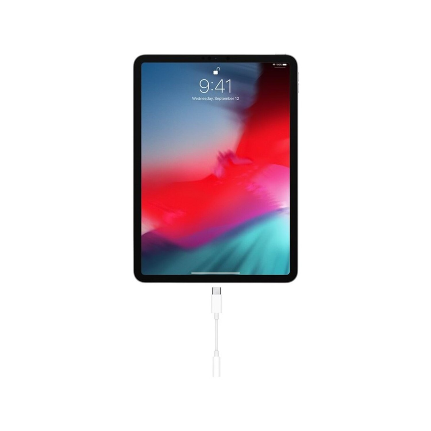 iPad with a red and purple screen, connected to a white USB-C cable and adapter.