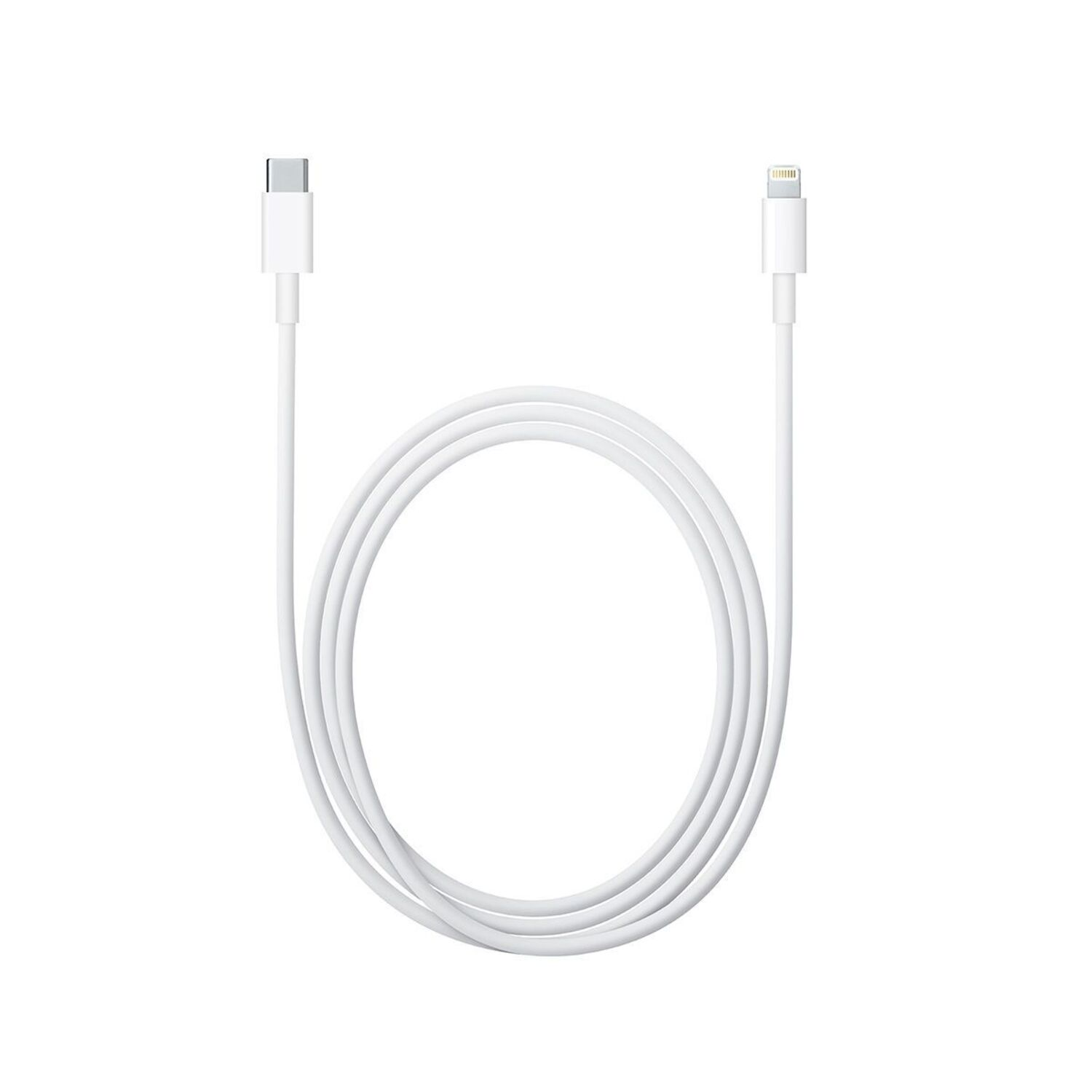 Een witte oplaadkabel met USB-C- en Lightning-connectoren, op een witte achtergrond.