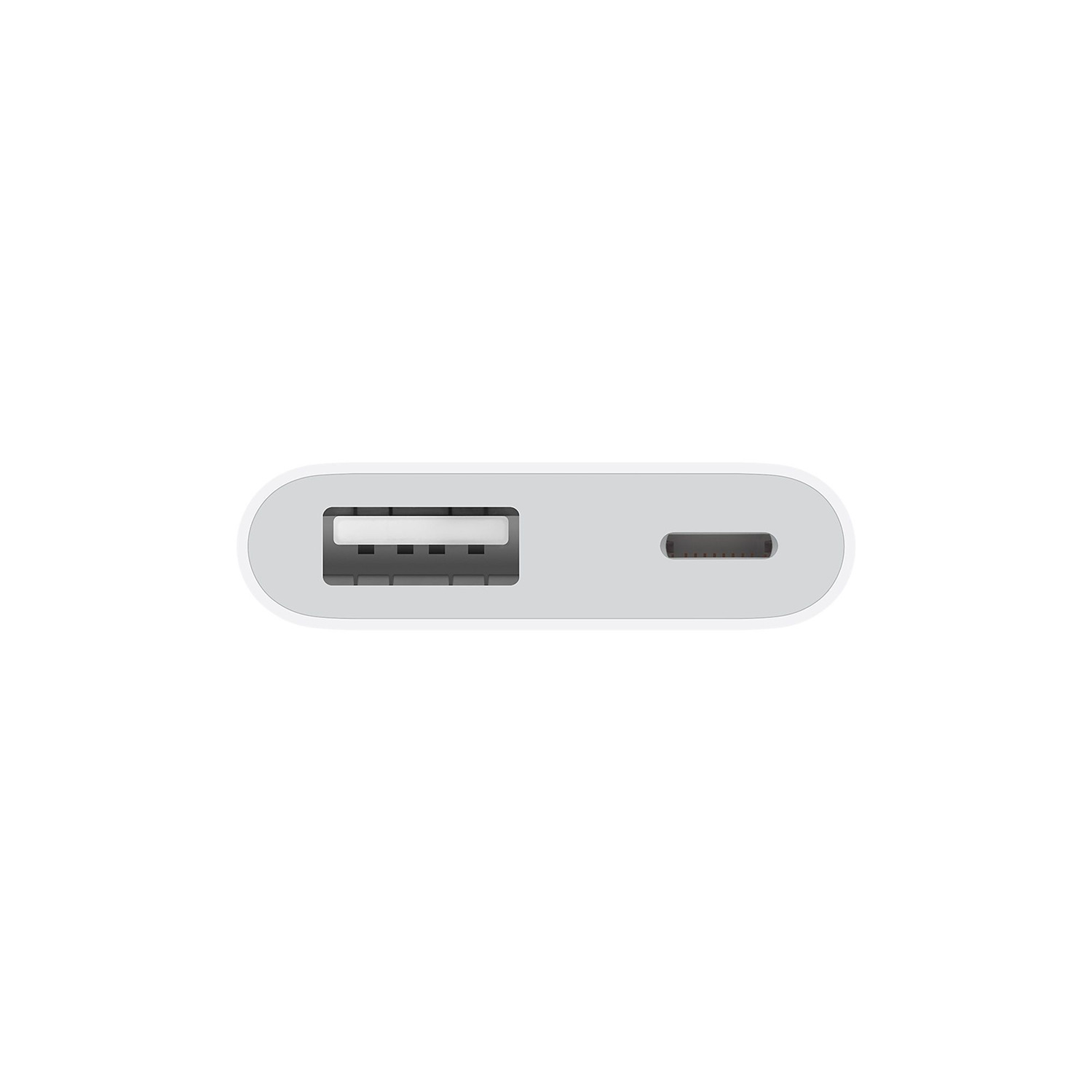 A white USB-C adapter with a USB port and a USB-C port, seen from the top.