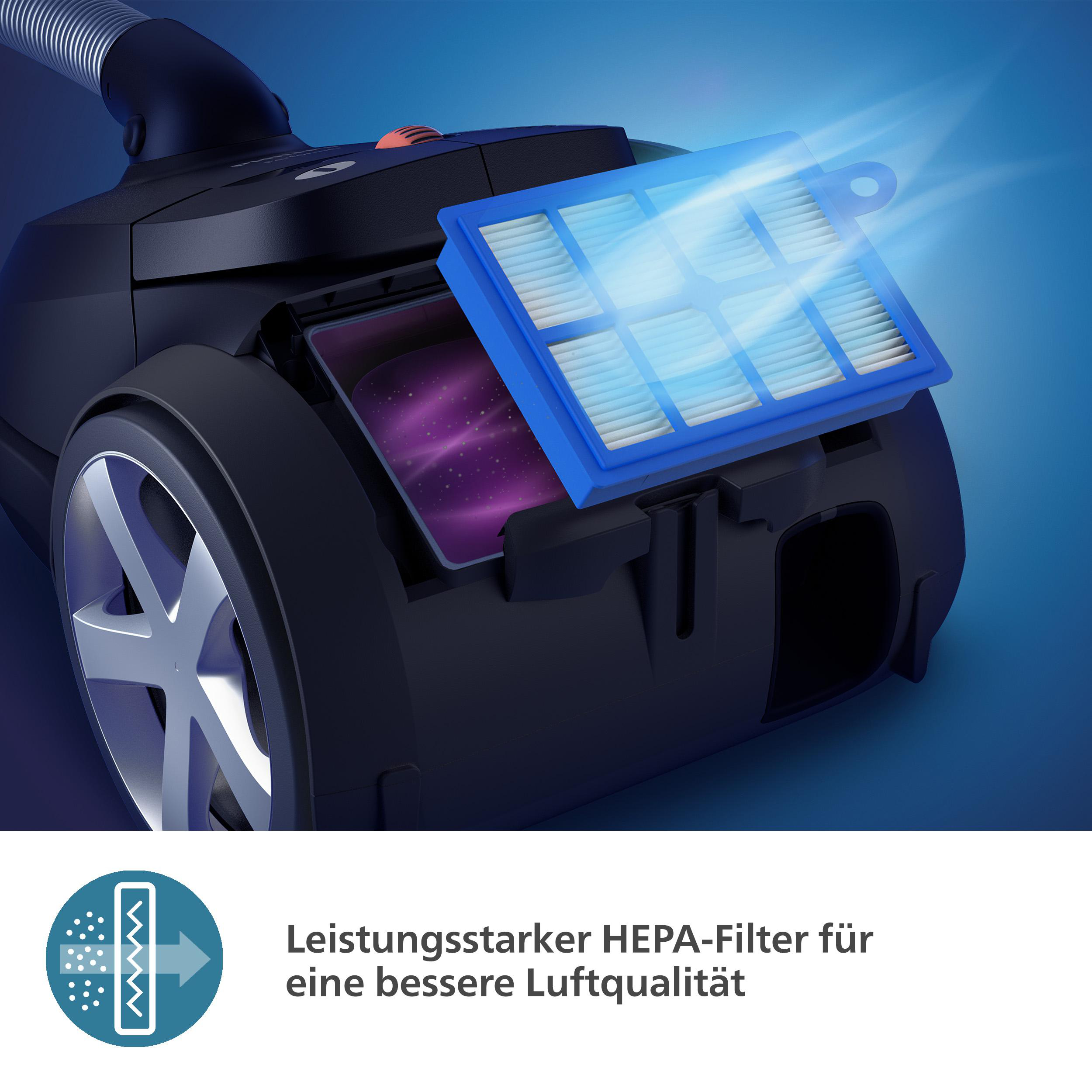 Staubsauger mit hervorgehobenem blauem Filter, darunter die Worte 'Leistungsstarker HEPA-Filter'.