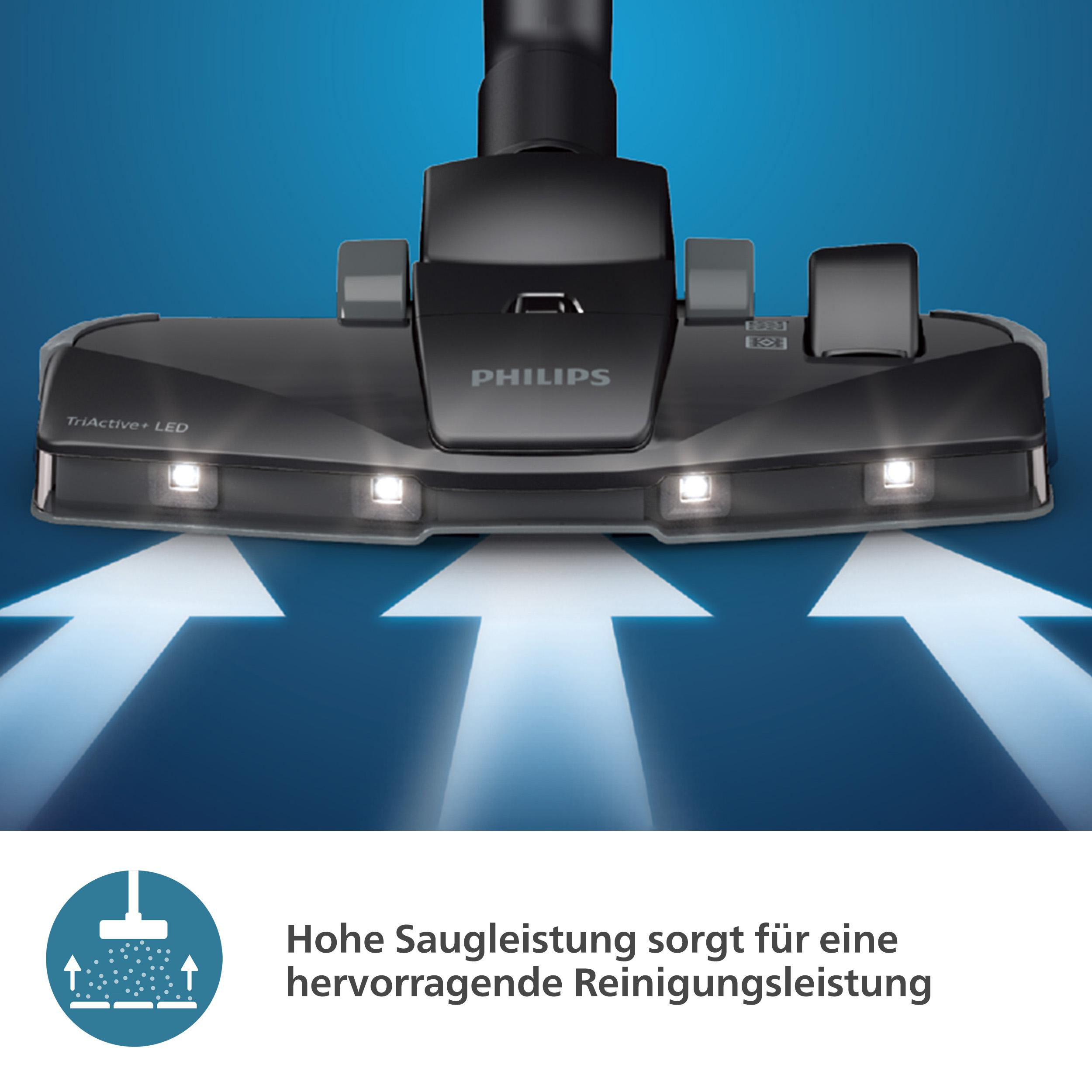 Schwarzer Philips Staubsaugerkopf mit Lichtern und Text: 'Hohe Saugleistung...Reinigungsleistung'.