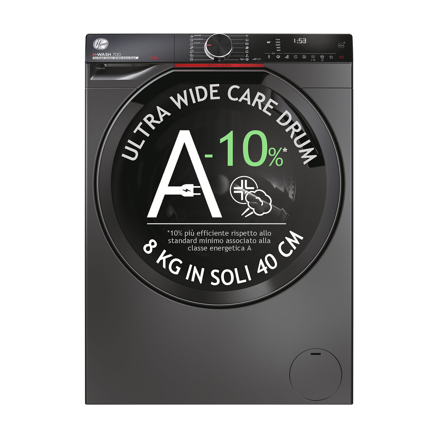 Lavatrice nera con ampio display circolare, testo ed etichetta di efficienza energetica A-10%.