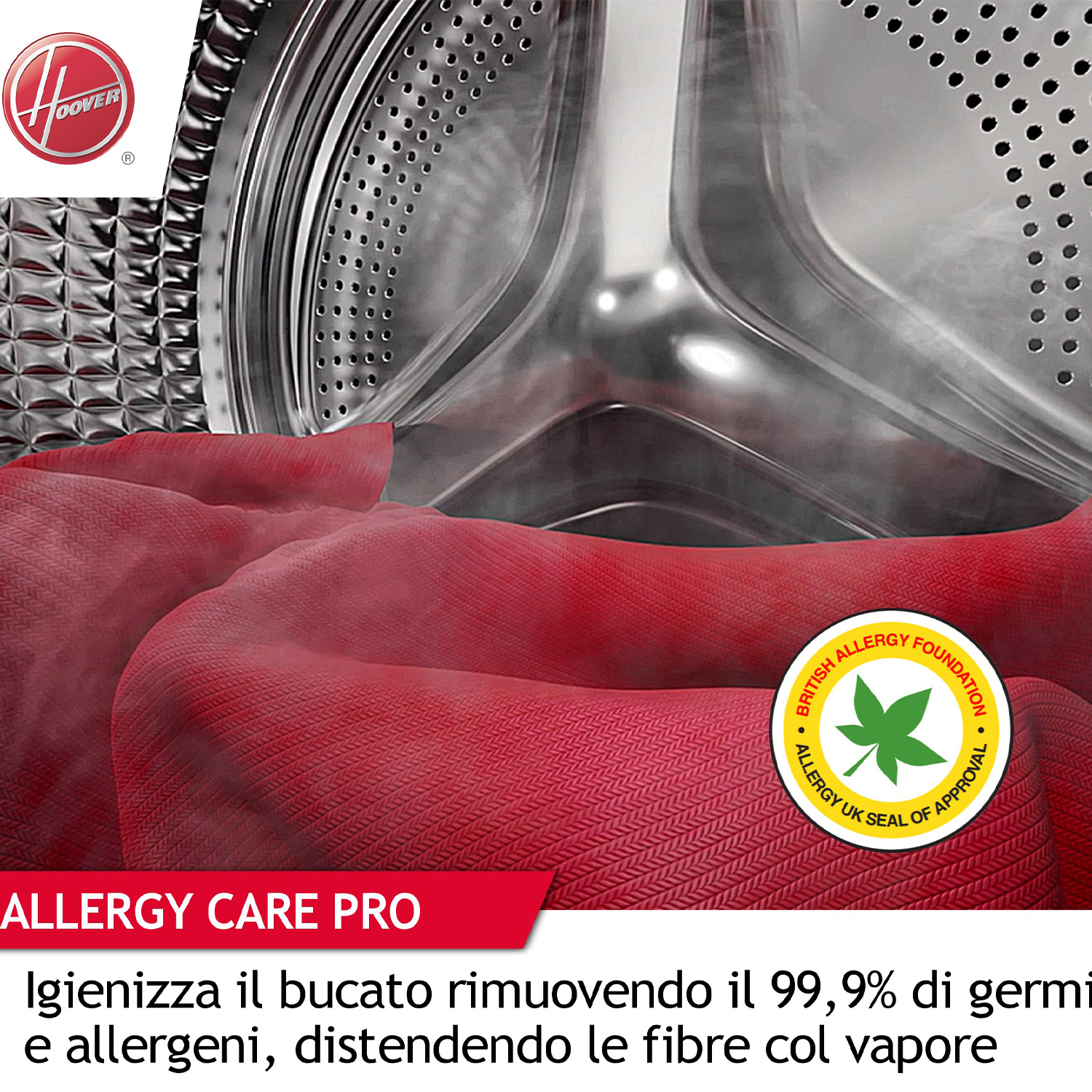 Cestello della lavatrice con tessuto rosso e un sigillo della British Allergy Foundation.