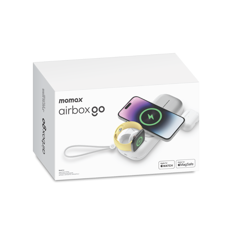 Üzerinde akıllı telefon ve saat bulunan beyaz bir kutu, airbox go metni ile.
